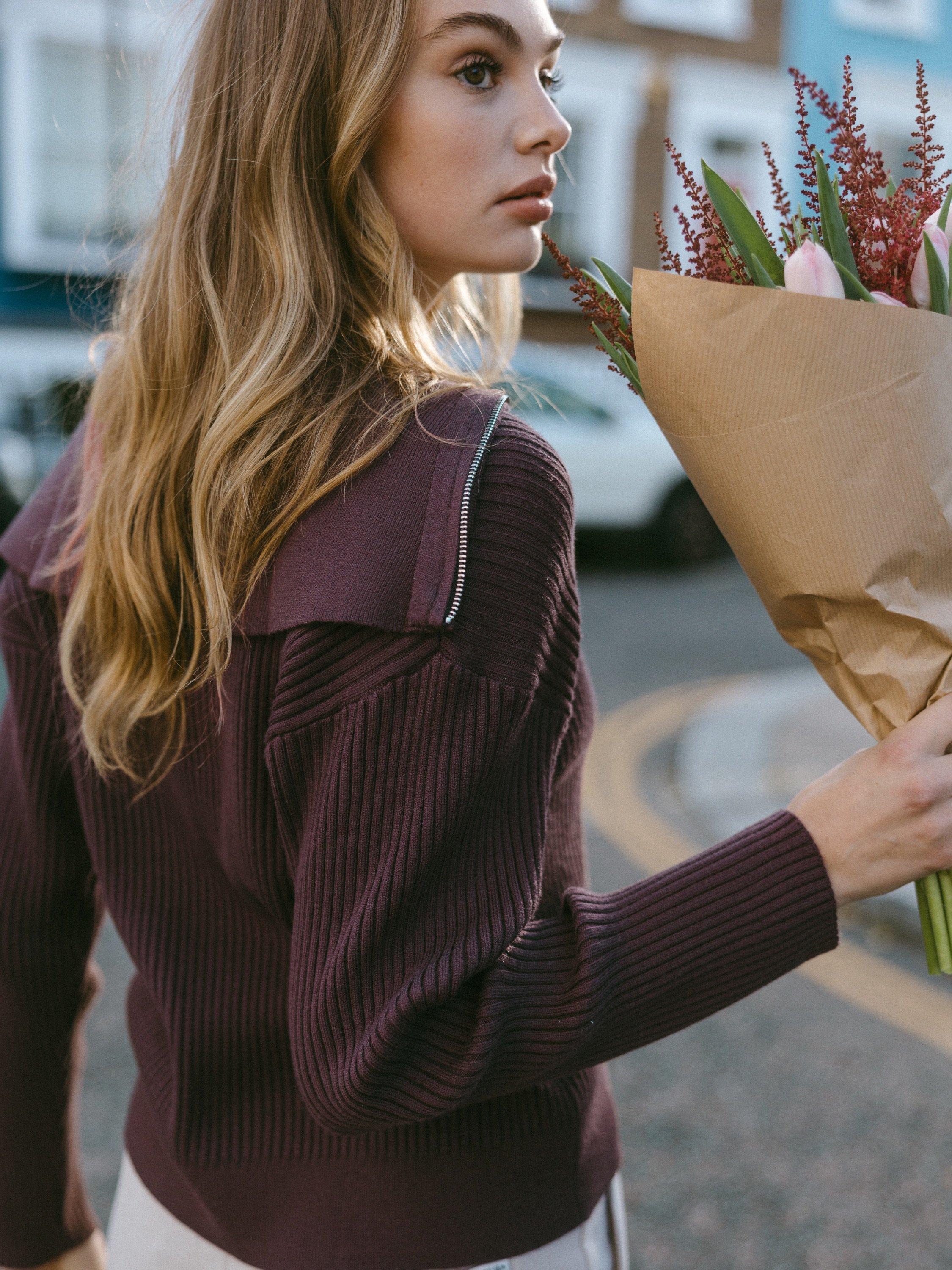 Product image 6 of 6, which shows Chelsea Peers Ribbed Knit Zip Jumper, Dark Brown, 6