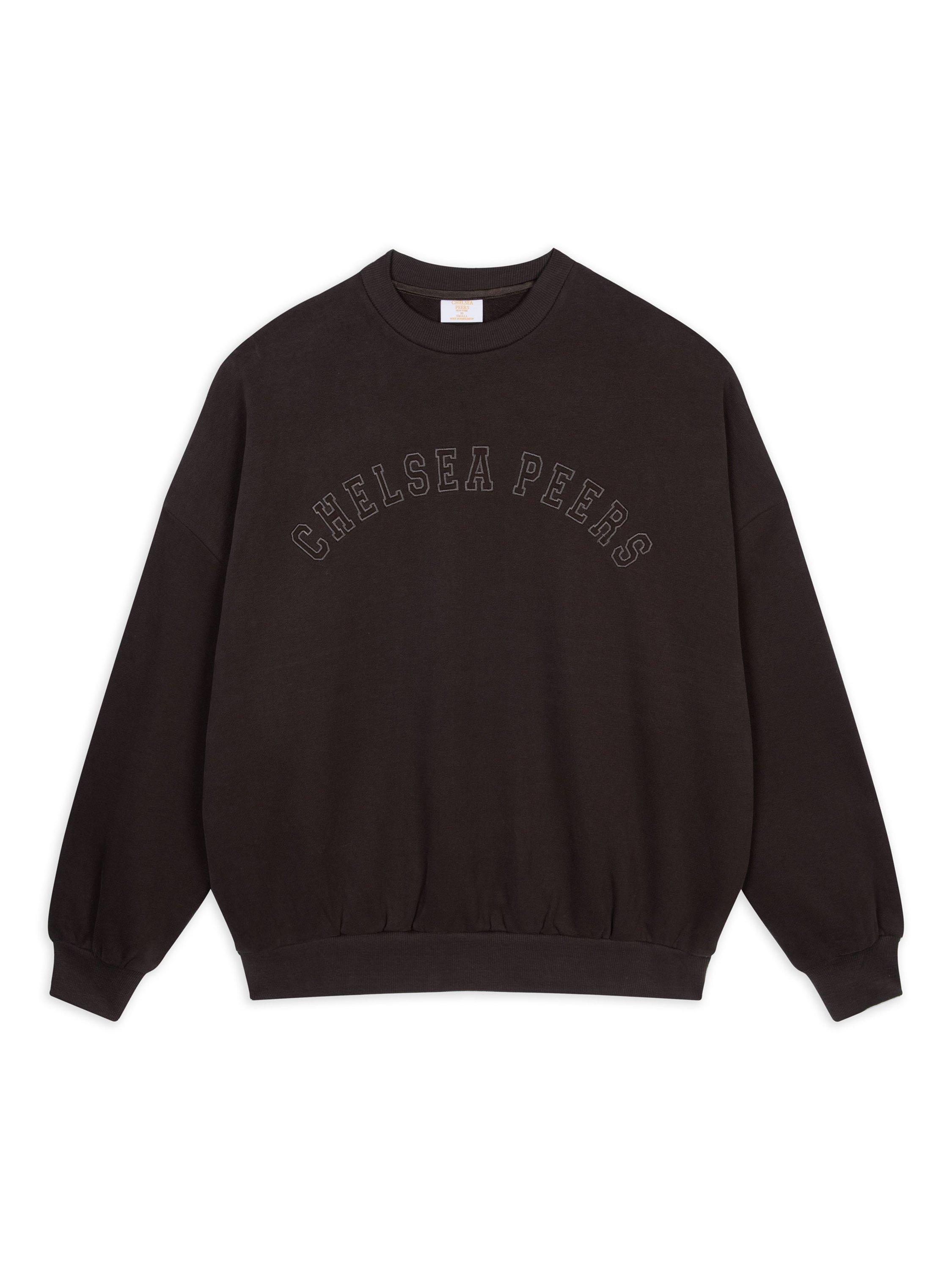 Product image 1 of 3, which shows Chelsea Peers Varsity Organic Cotton Rich Sweatshirt, Dark Brown, 6