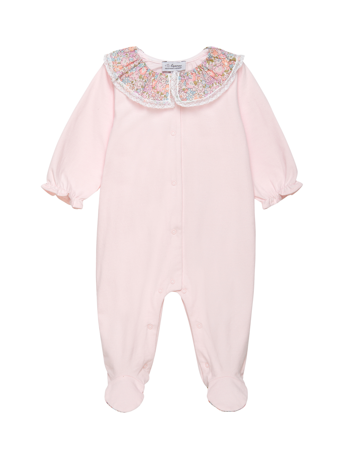 Product image 1 of 3, which shows Trotters Baby Michelle Print Sleepsuit, Pink/Multi, Newborn