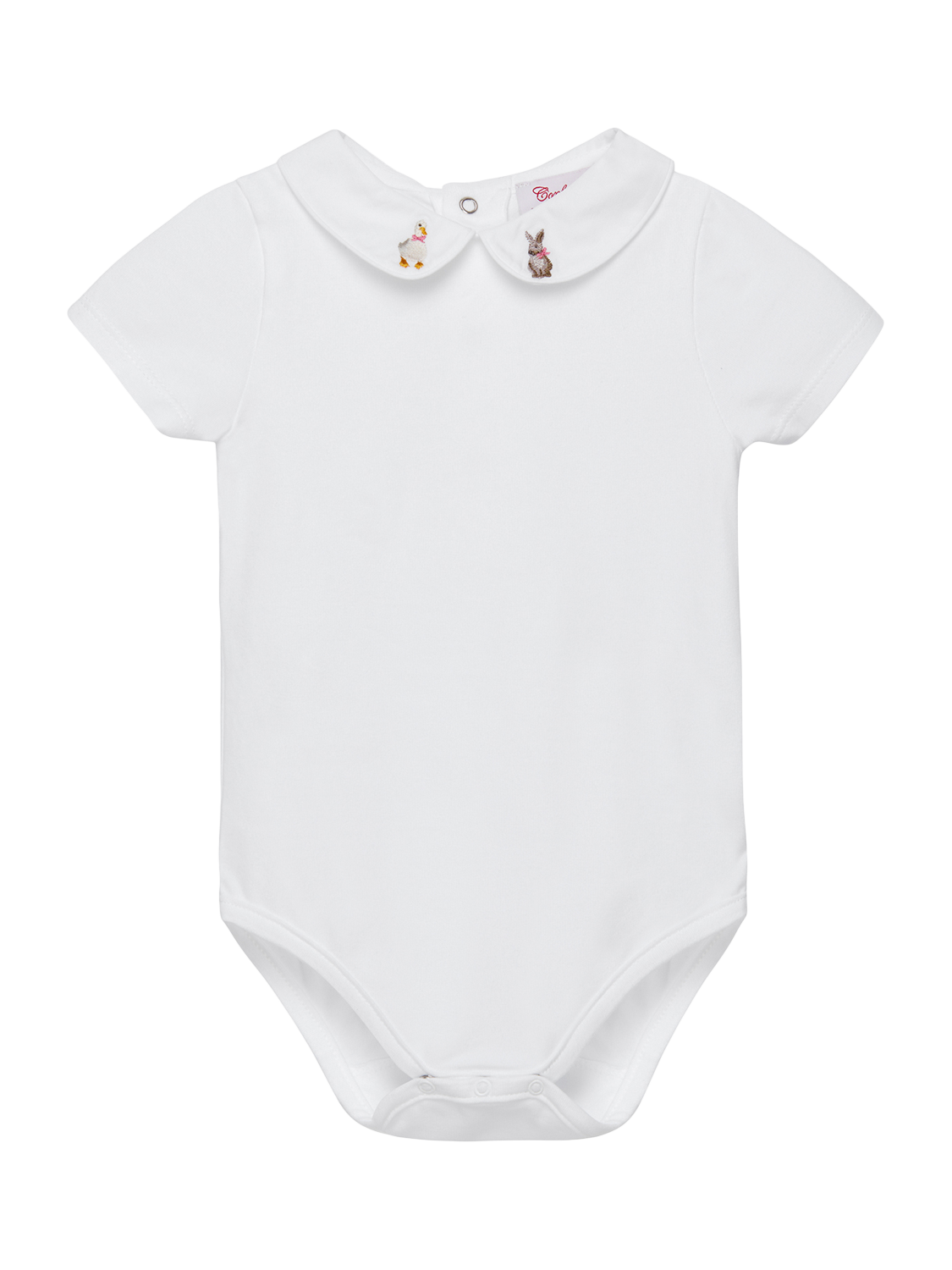 Product image 1 of 3, which shows Trotters Baby Duck and Bunny Embroidered Short Sleeve Bodysuit, White, 3-6 months