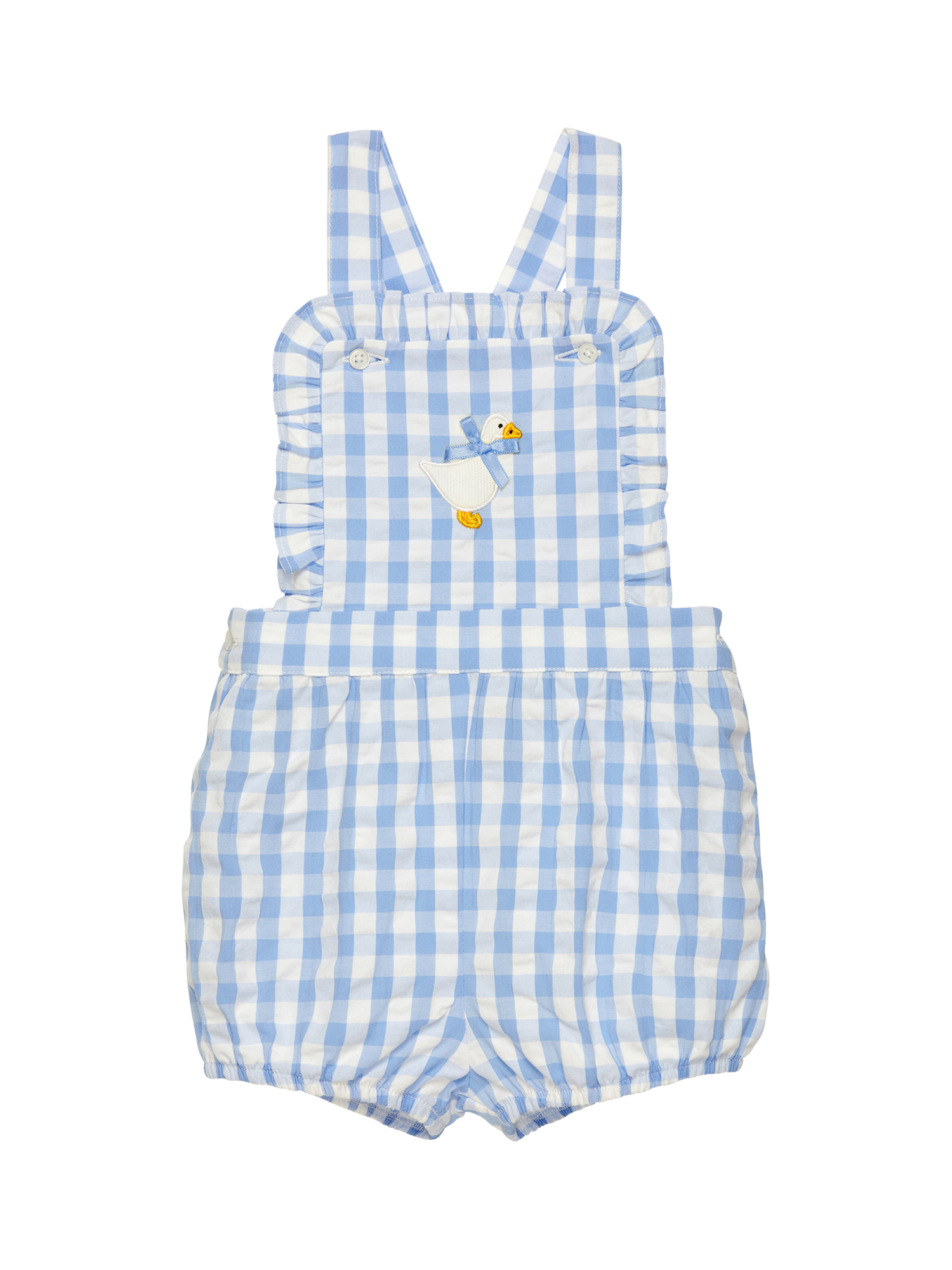 Product image 1 of 3, which shows Trotters Baby Duck Gingham Bib Shorts, Blue/Multi, 3-6 months