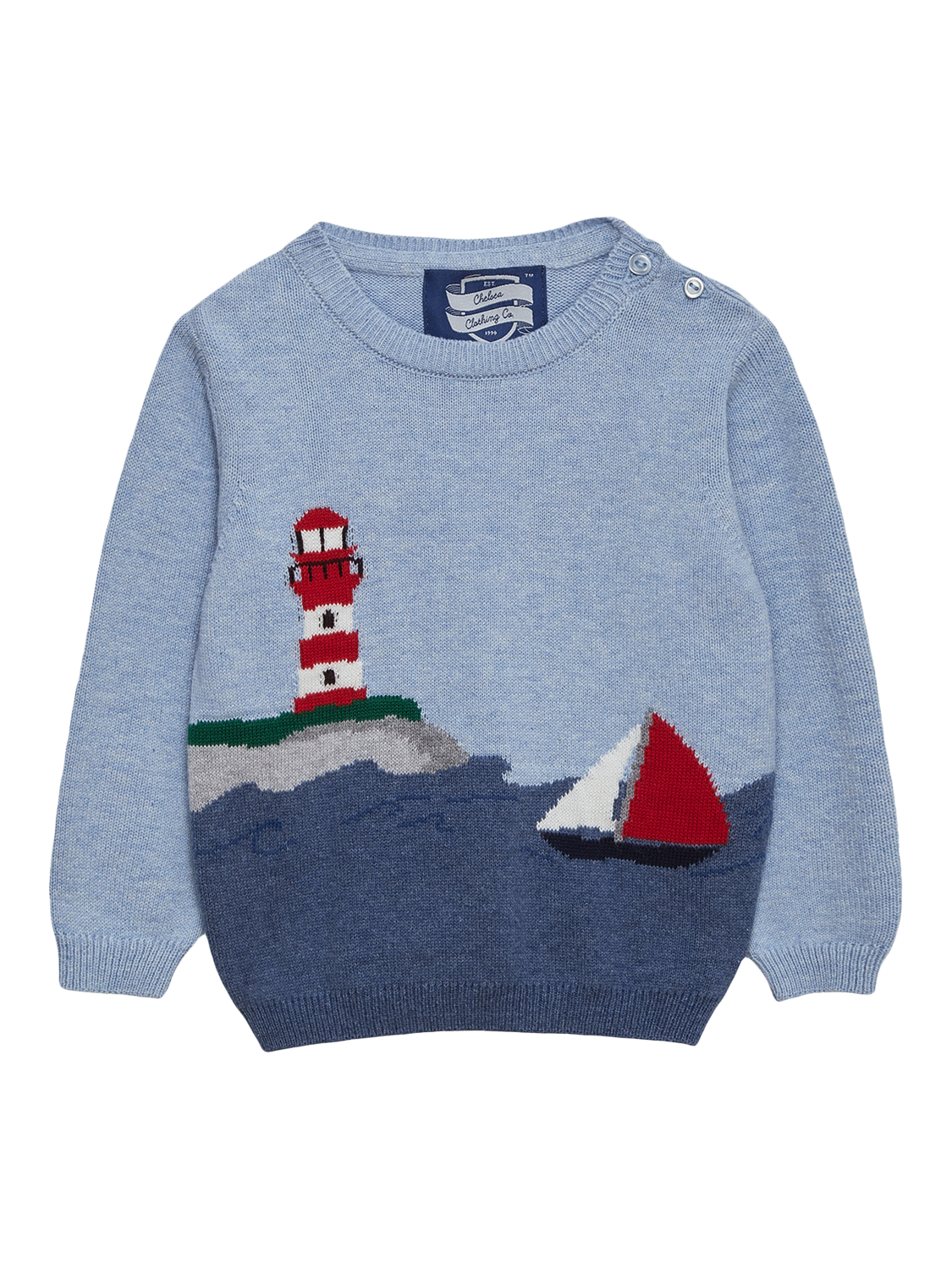 Product image 1 of 3, which shows Trotters Baby Cotton Lighthouse Jumper, Blue Marl/Multi, 3-6 months