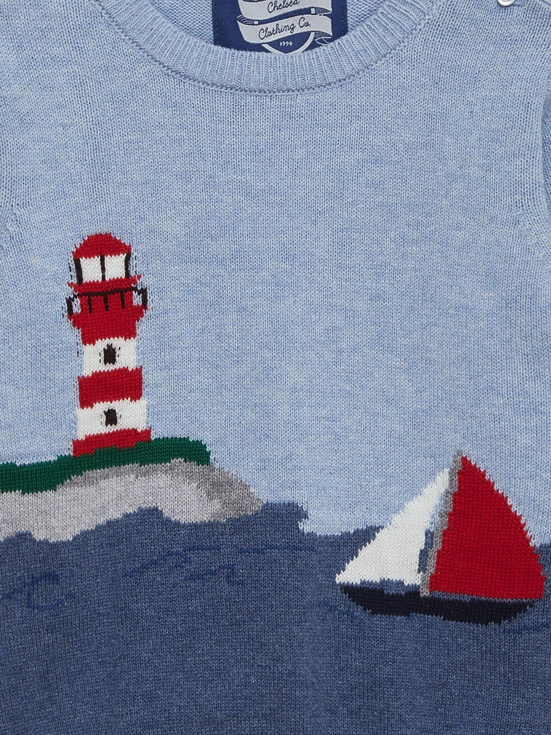 Product image 3 of 3, which shows Trotters Baby Cotton Lighthouse Jumper, Blue Marl/Multi, 3-6 months