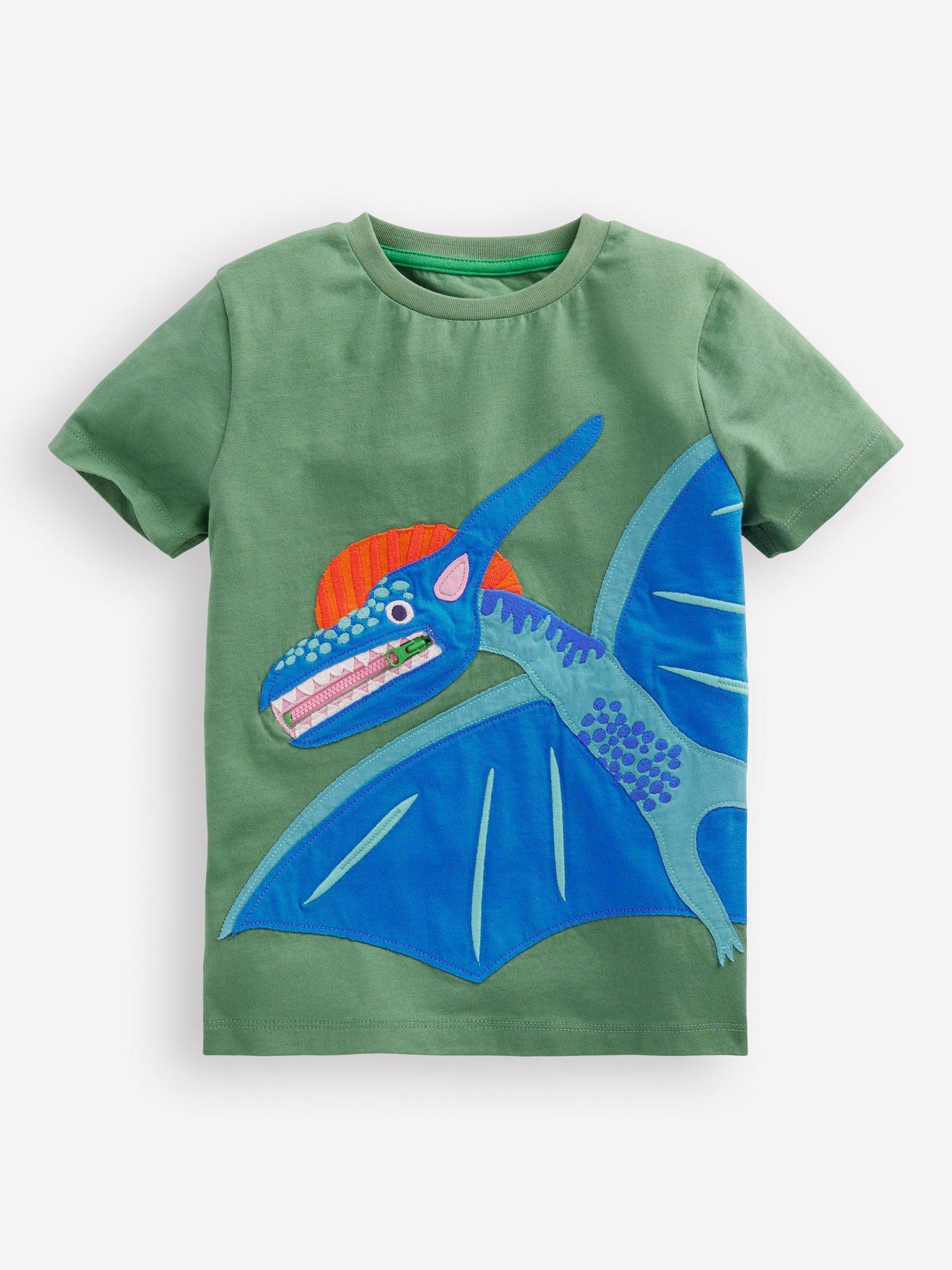 Product image 1 of 4, which shows Mini Boden Kids' Cotton Zip Detail Applique Top, Newt Green/Multi, 2-3 years