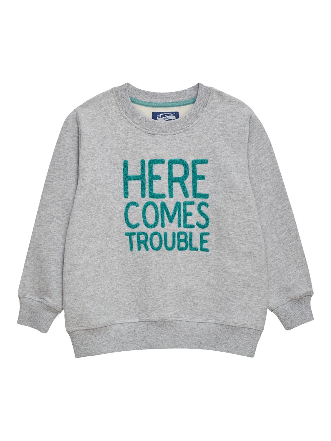 Product image 1 of 3, which shows Trotters Kids' Here Comes Trouble Cotton Sweatshirt, Grey Marl/Green, 2-3 years