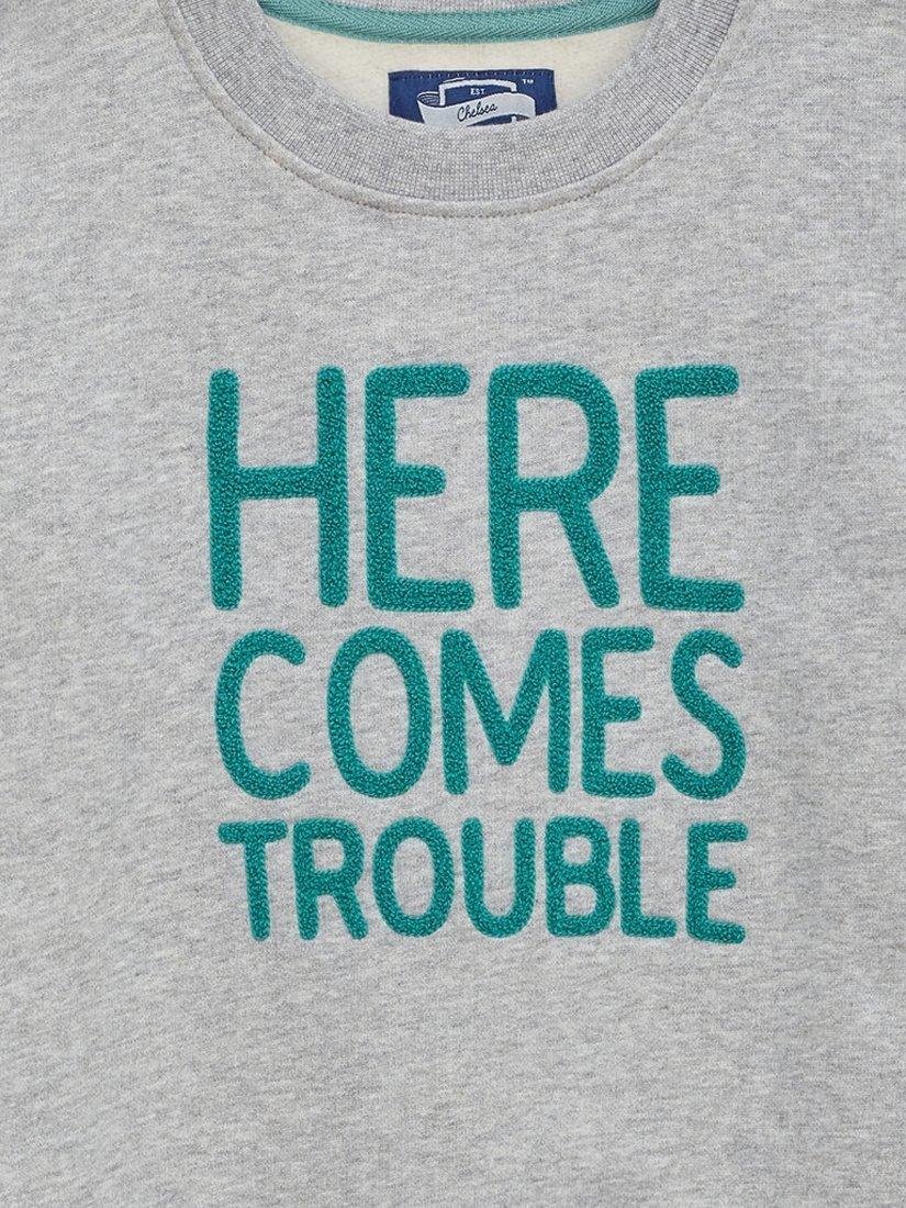 Product image 2 of 3, which shows Trotters Kids' Here Comes Trouble Cotton Sweatshirt, Grey Marl/Green, 2-3 years