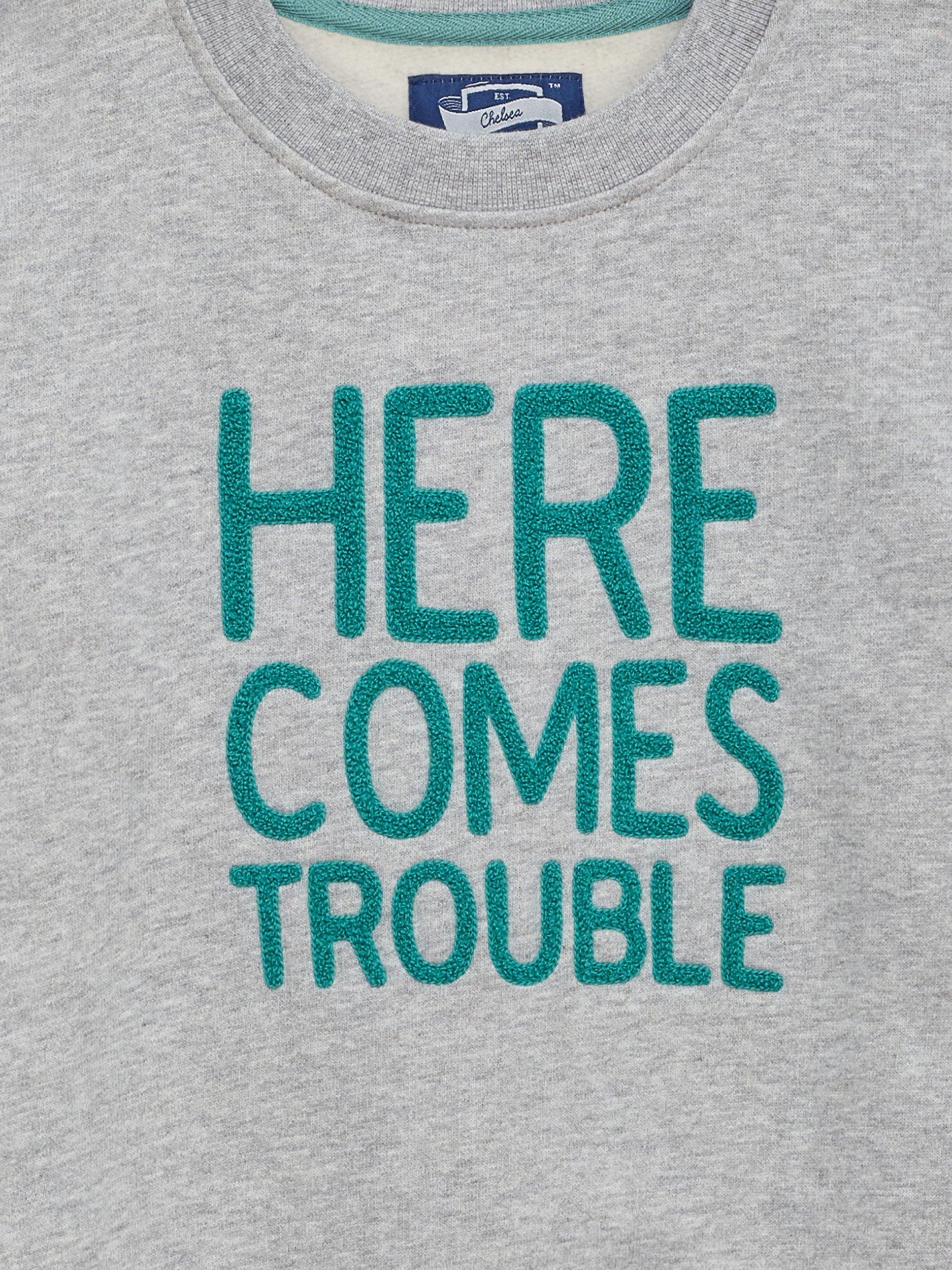 Product image 3 of 3, which shows Trotters Kids' Here Comes Trouble Cotton Sweatshirt, Grey Marl/Green, 2-3 years