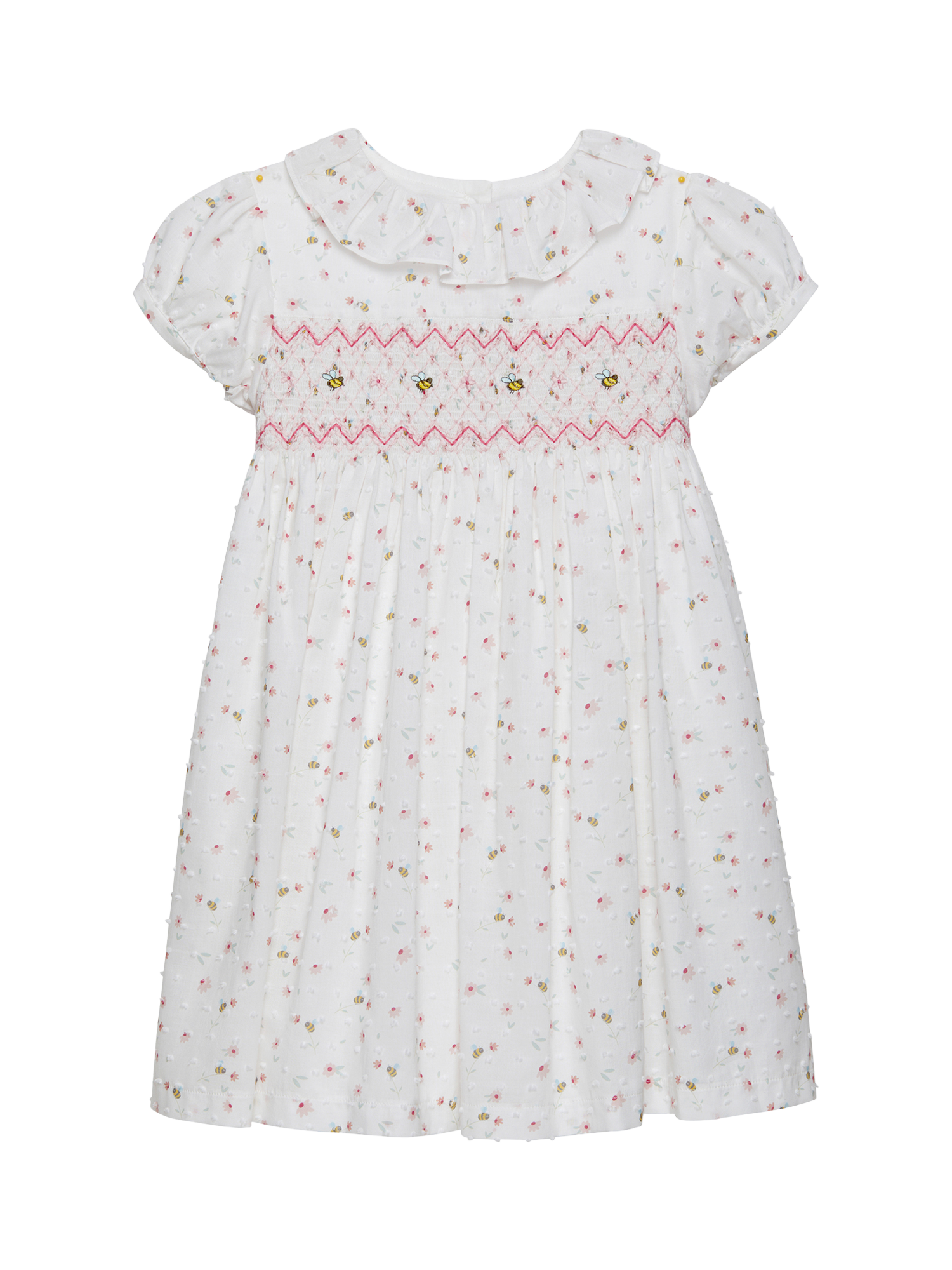 Product image 1 of 3, which shows Trotters Kids' Bee Smocked Dress, White/Multi, 2 years