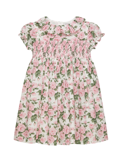 Trotters Kids' Carline Cotton Rose Print Smocked Dress, Pink/Multi, Pink/Multi