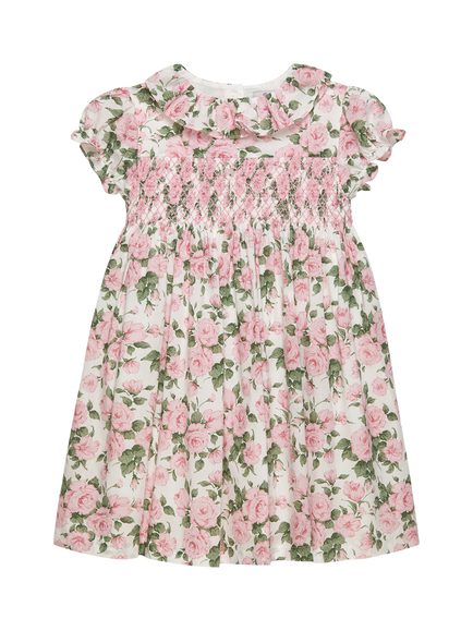 Trotters Kids' Carline Cotton Rose Print Smocked Dress, Pink/Multi, Pink/Multi