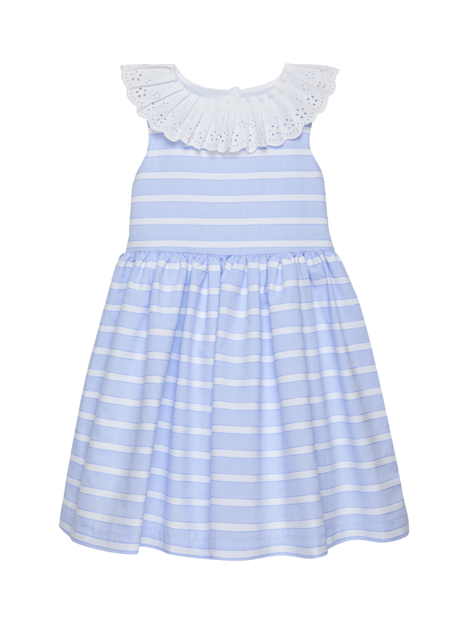 Product image 1 of 3, which shows Trotters Kids' Stripe Broderie Collar Dress, Blue/White, 2 years