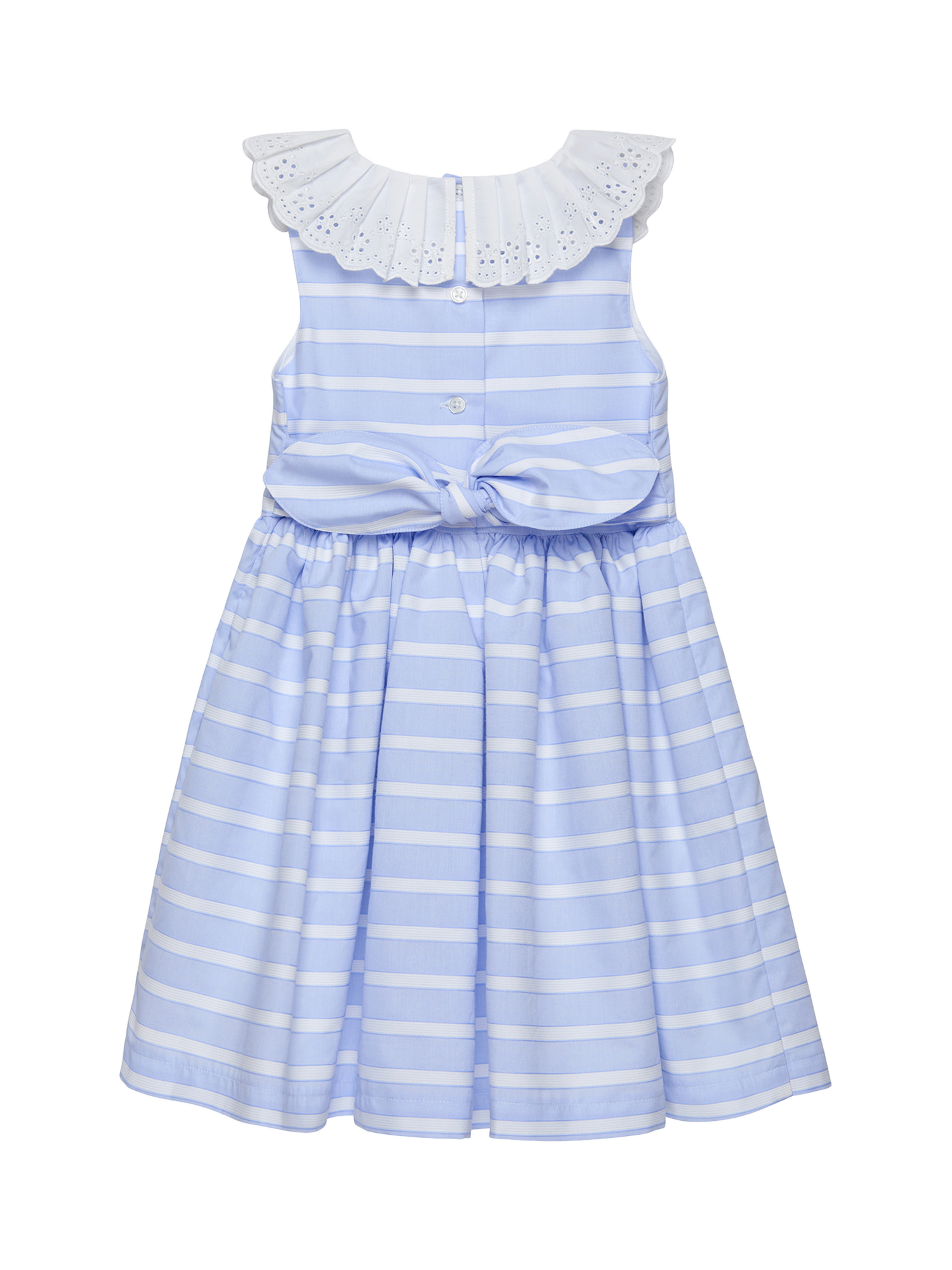 Product image 2 of 3, which shows Trotters Kids' Stripe Broderie Collar Dress, Blue/White, 2 years