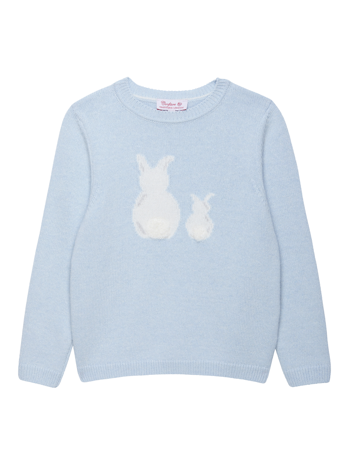 Product image 1 of 3, which shows Trotters Kids' Bella Bunny Wool and Cashmere Blend Jumper, Pale Blue/Multi, 2-3 years