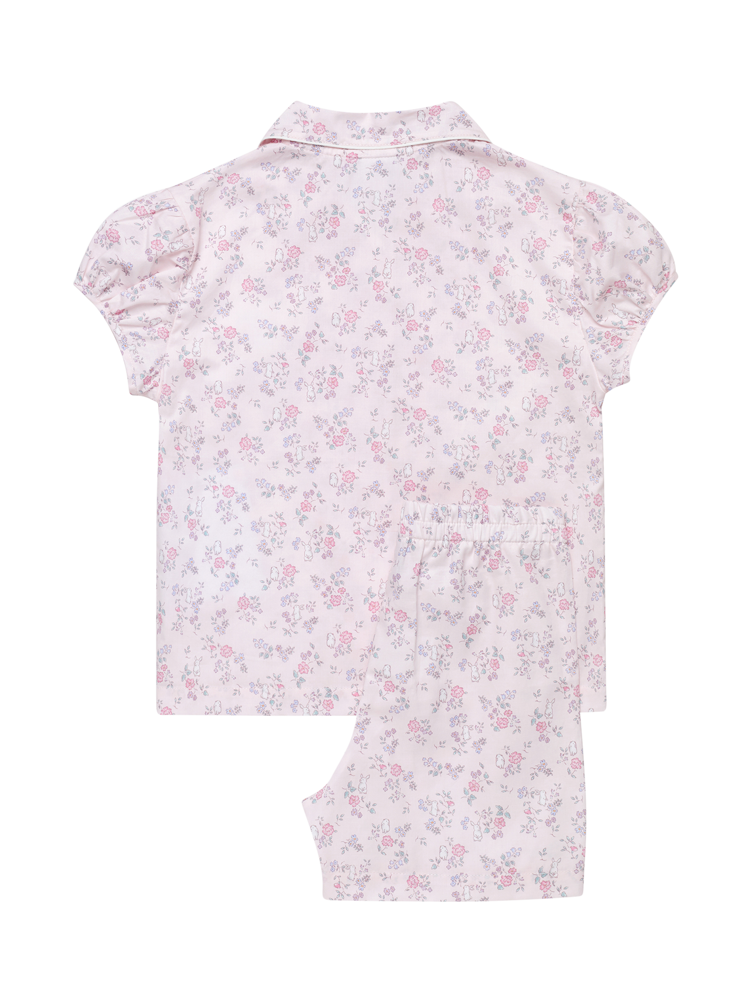 Product image 2 of 4, which shows Trotter's Kids' Woven Cotton Floral Bunny Print  Shortie Pyjamas, Pink/Multi, 12-24 months