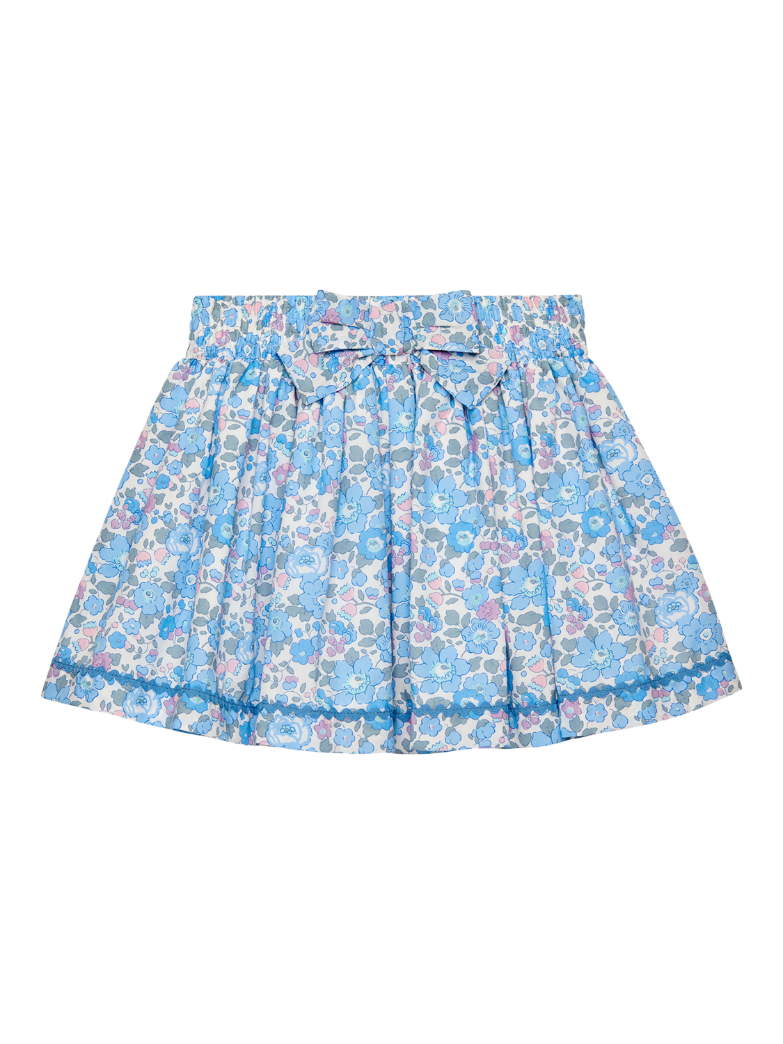 Product image 1 of 3, which shows Trotters Kids' Betsy Bow Cotton Skirt, Blue/Multi, 2-3 years