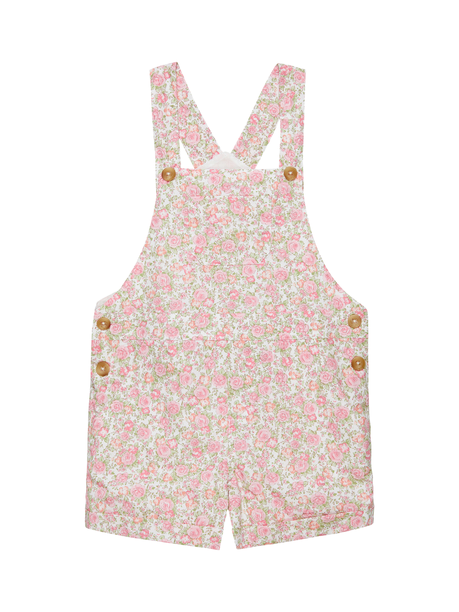 Product image 1 of 3, which shows Trotters Kids' Marnie Frill Cotton Dungarees, Pink/Multi, 2 years