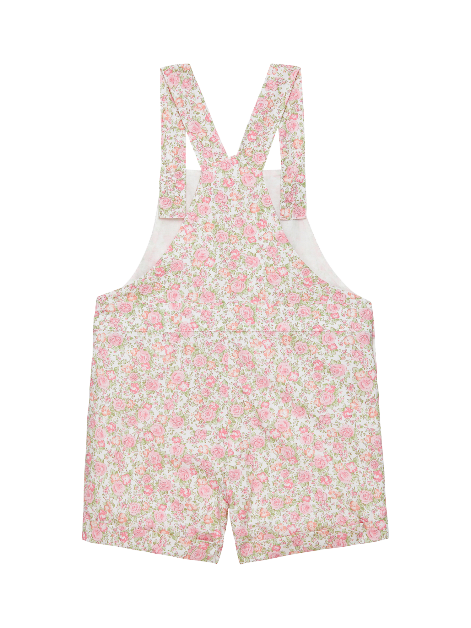 Product image 2 of 3, which shows Trotters Kids' Marnie Frill Cotton Dungarees, Pink/Multi, 2 years