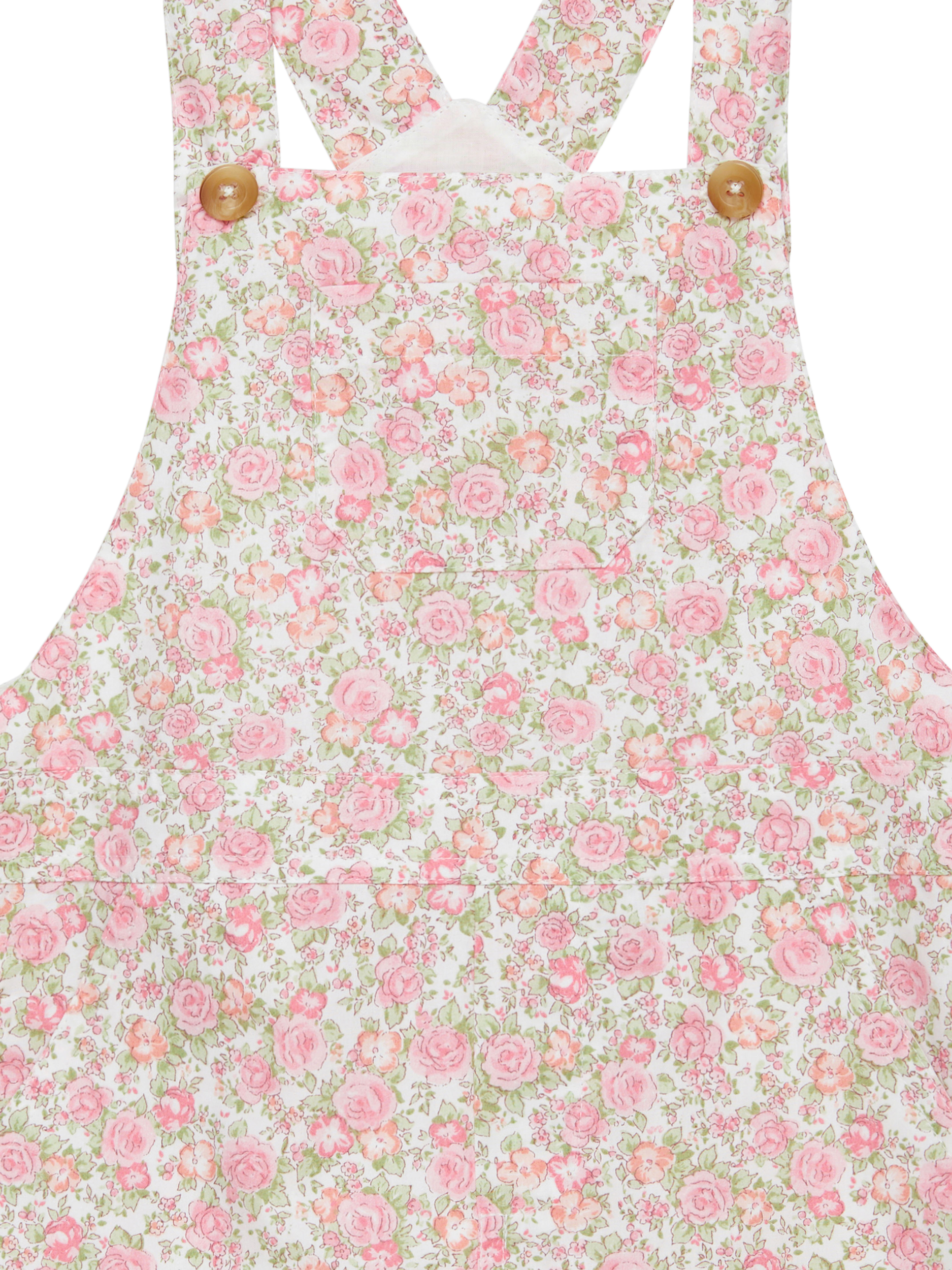 Product image 3 of 3, which shows Trotters Kids' Marnie Frill Cotton Dungarees, Pink/Multi, 2 years