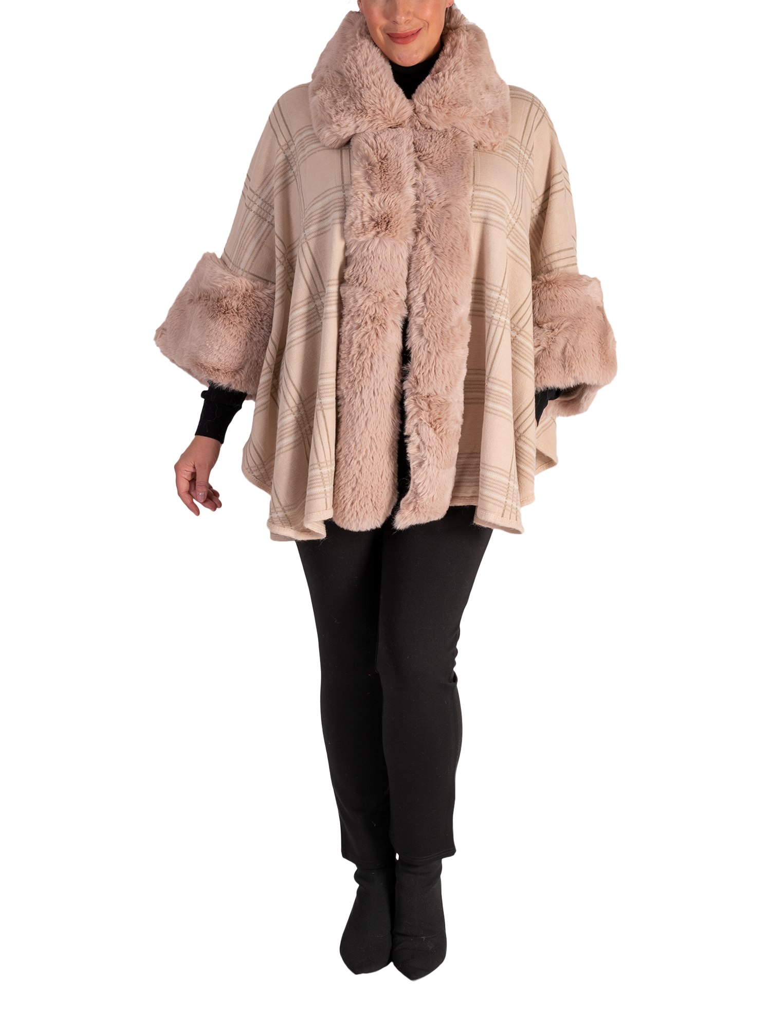 Product image 1 of 5, which shows chesca Check Faux Fur Trim Wrap Scarf, Blush