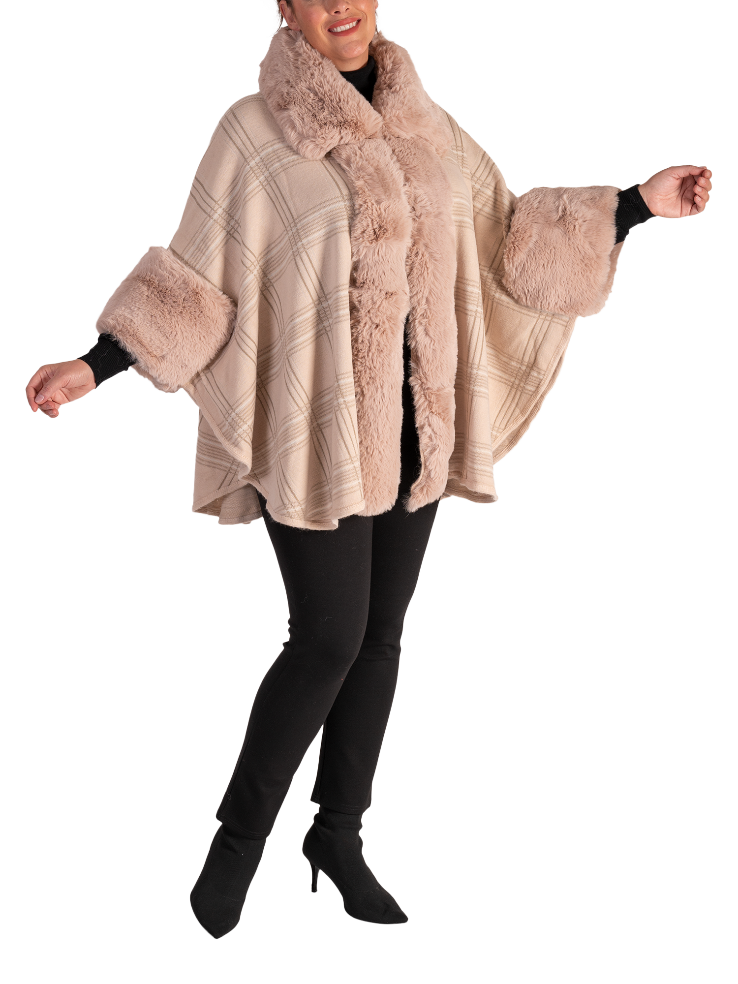 Product image 4 of 5, which shows chesca Check Faux Fur Trim Wrap Scarf, Blush