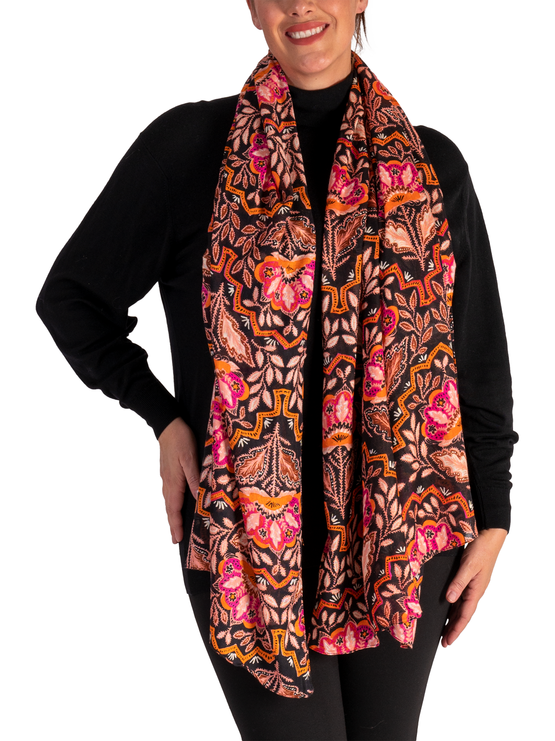 Product image 2 of 5, which shows chesca Mosaic Floral Scarf, Orange/Fuchsia