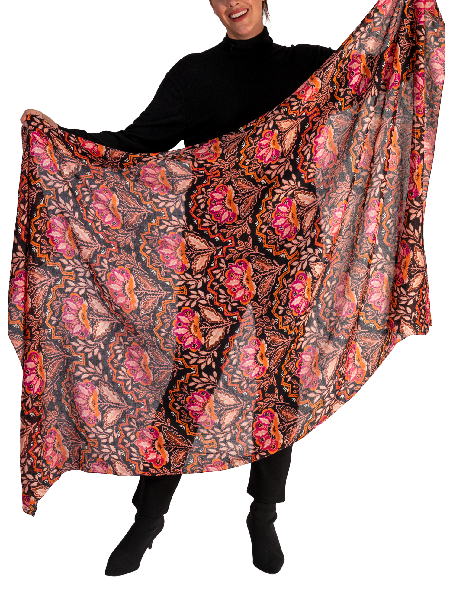 Product image 3 of 5, which shows chesca Mosaic Floral Scarf, Orange/Fuchsia