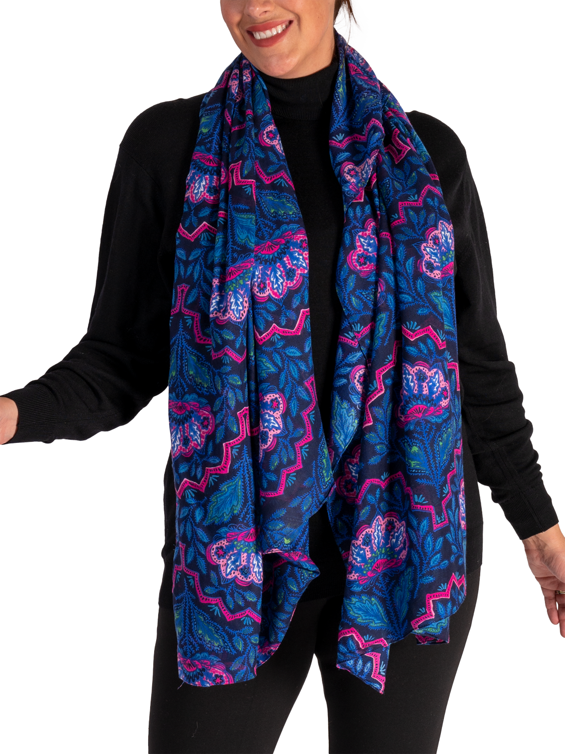 Product image 2 of 5, which shows chesca Mosaic Floral Scarf, Navy/Pink