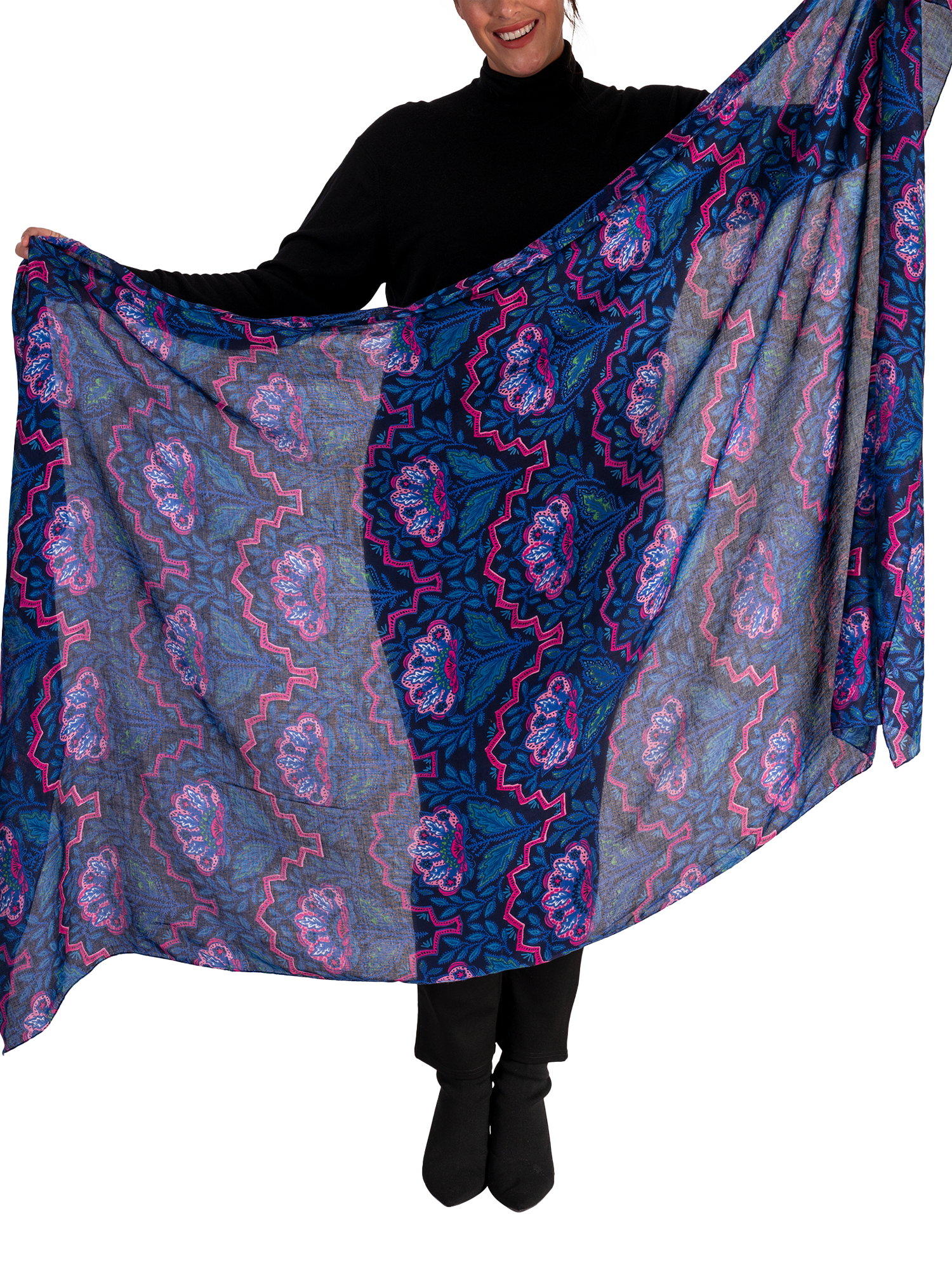 Product image 3 of 5, which shows chesca Mosaic Floral Scarf, Navy/Pink