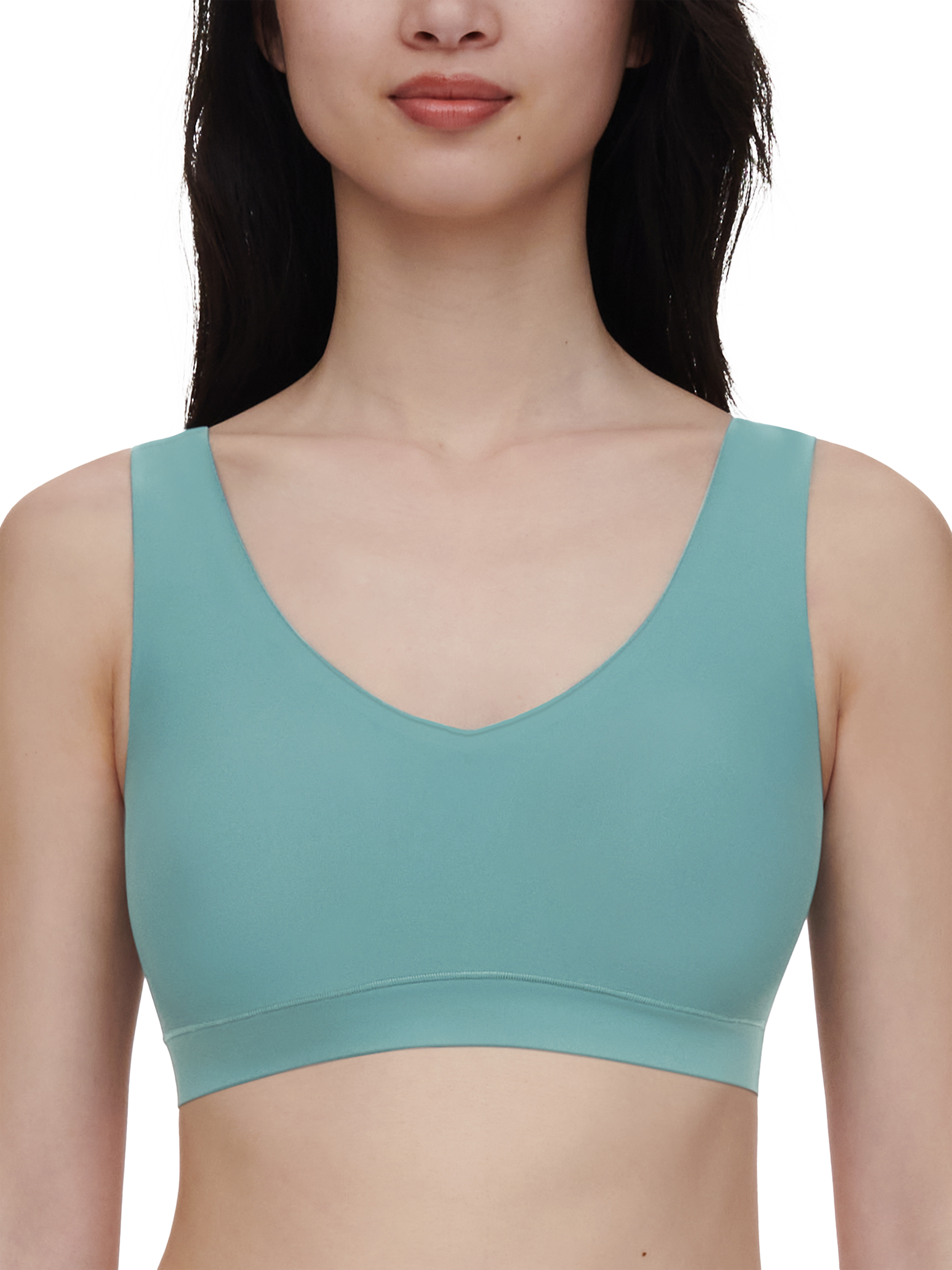 Product image 1 of 4, which shows Chantelle Soft Stretch V-Neck Padded Crop Bra, Peacock Green, XS-S