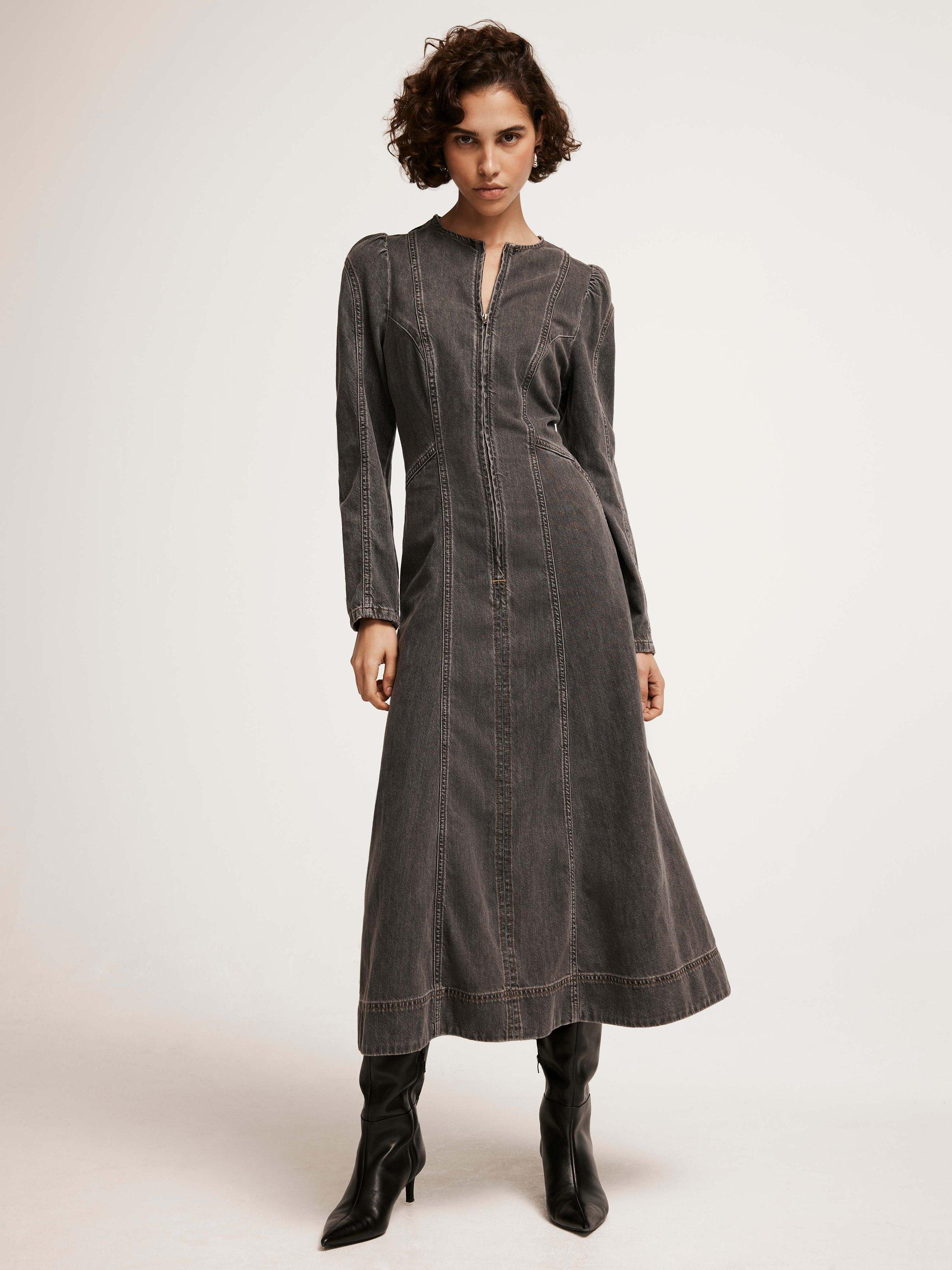 Mint Velvet Zip Front Denim Midi Dress, Washed Black