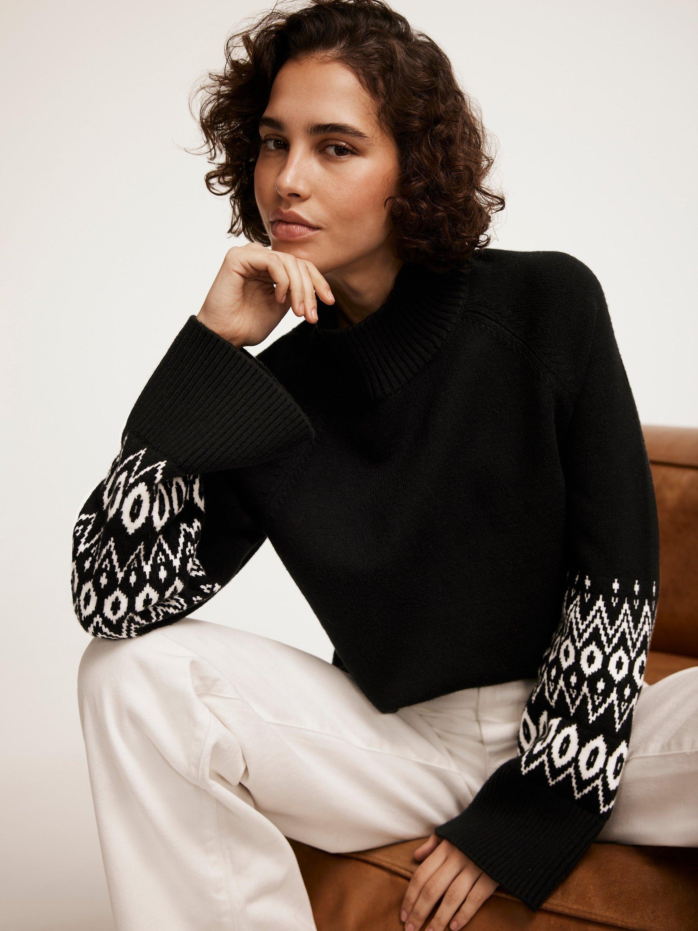 Product image 1 of 8, which shows Mint Velvet Fair Isle Cuff Jumper, Black, XS