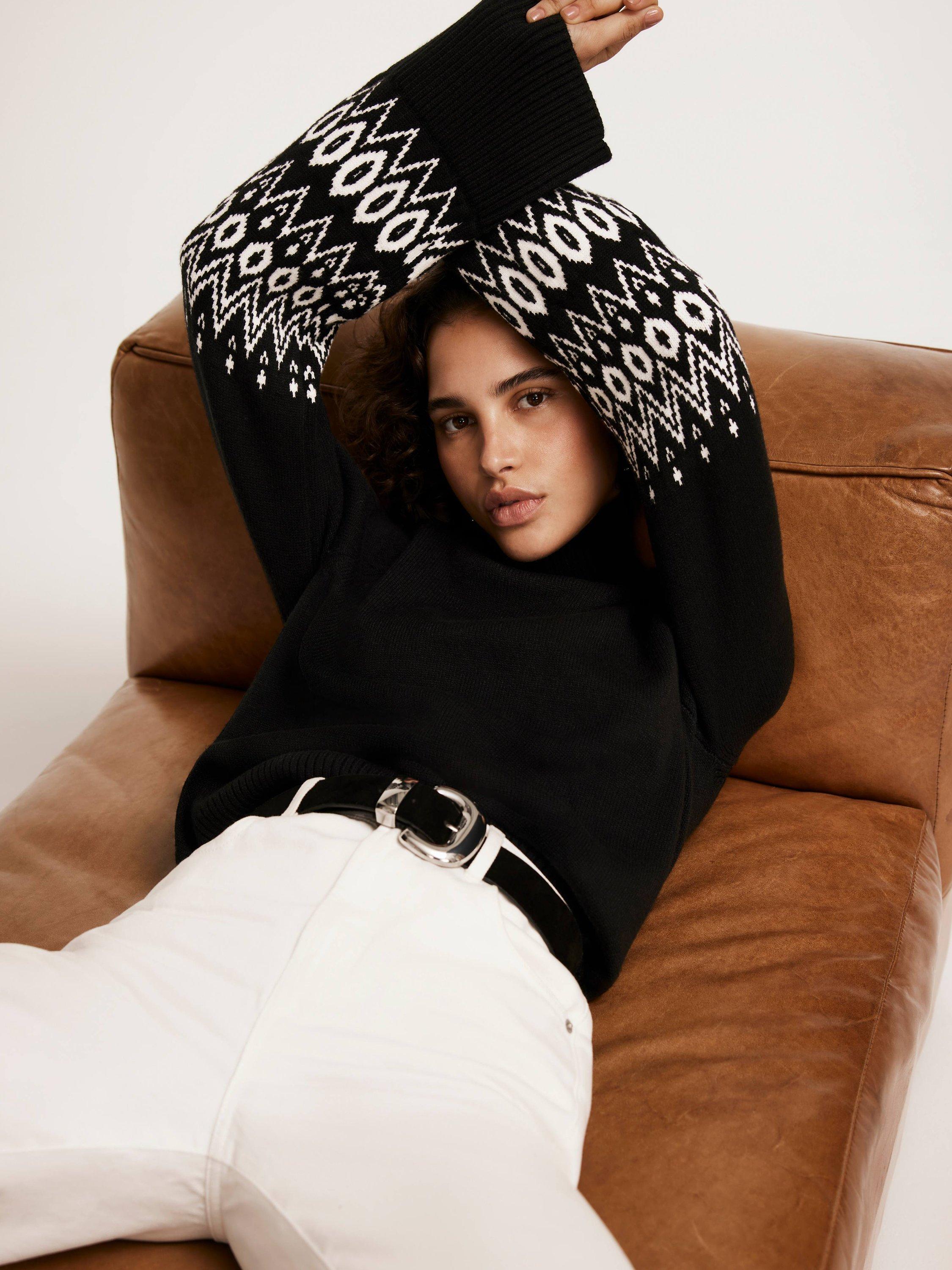 Product image 2 of 8, which shows Mint Velvet Fair Isle Cuff Jumper, Black, XS