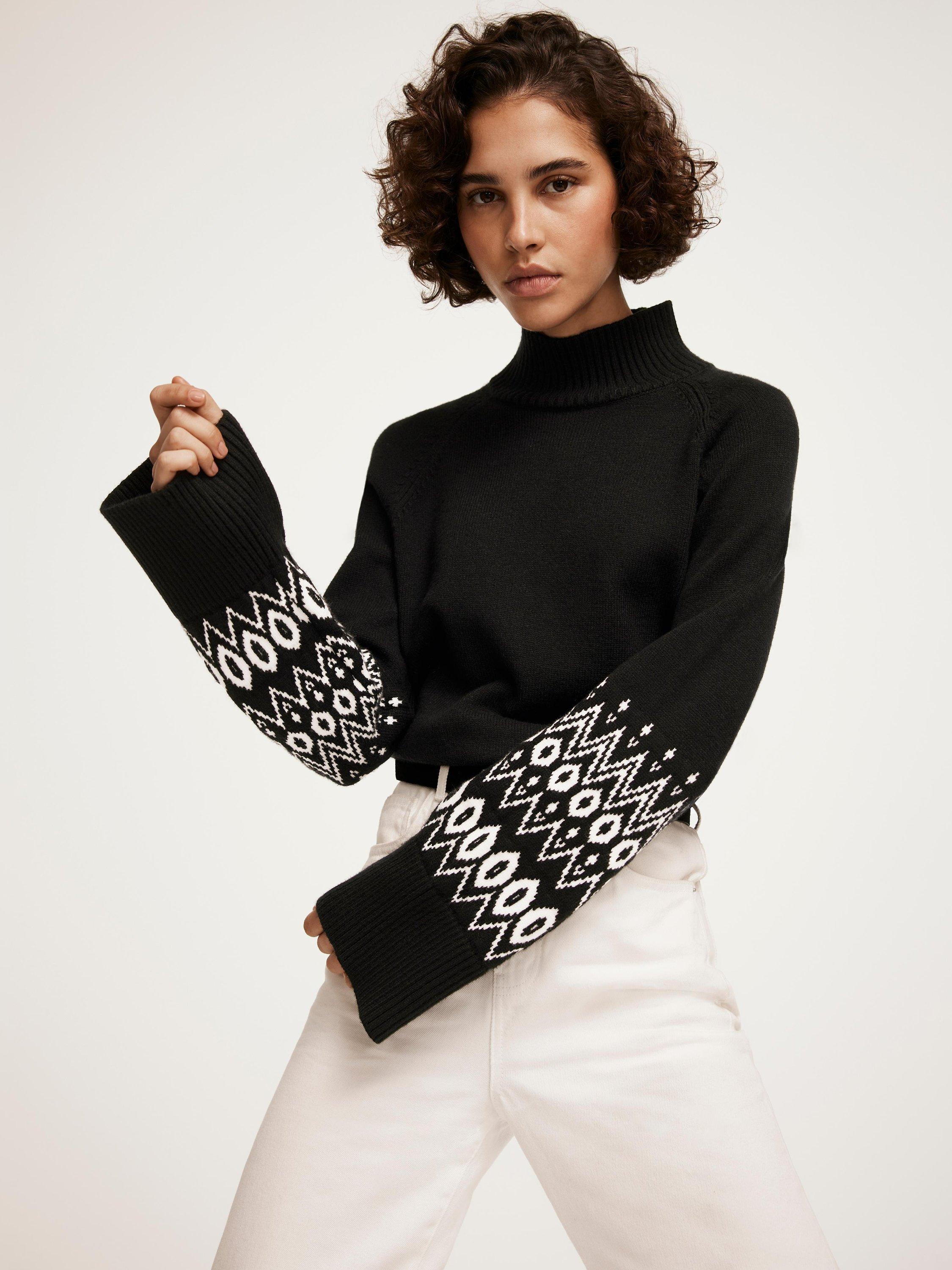 Product image 3 of 8, which shows Mint Velvet Fair Isle Cuff Jumper, Black, XS