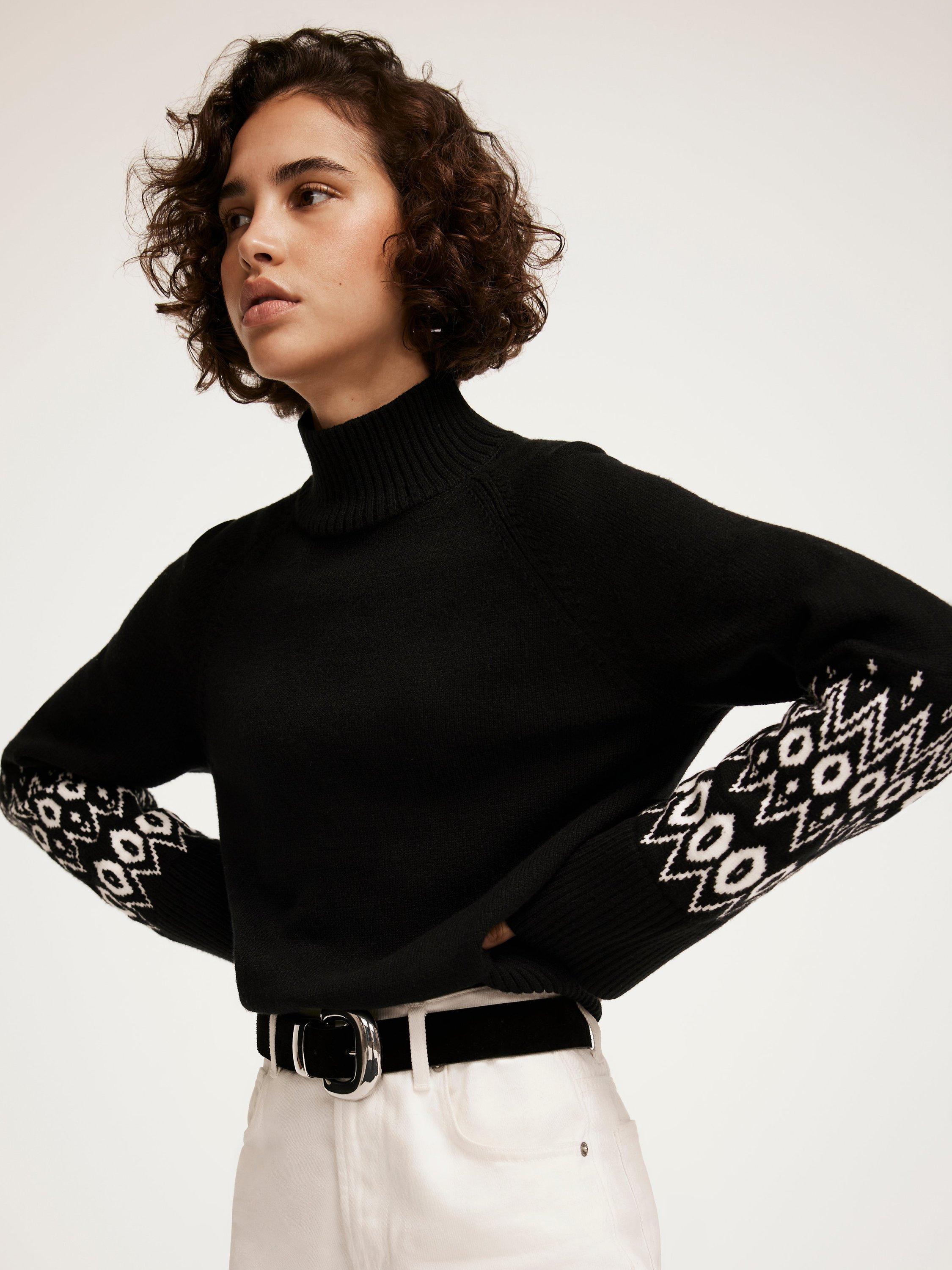 Product image 6 of 8, which shows Mint Velvet Fair Isle Cuff Jumper, Black, XS