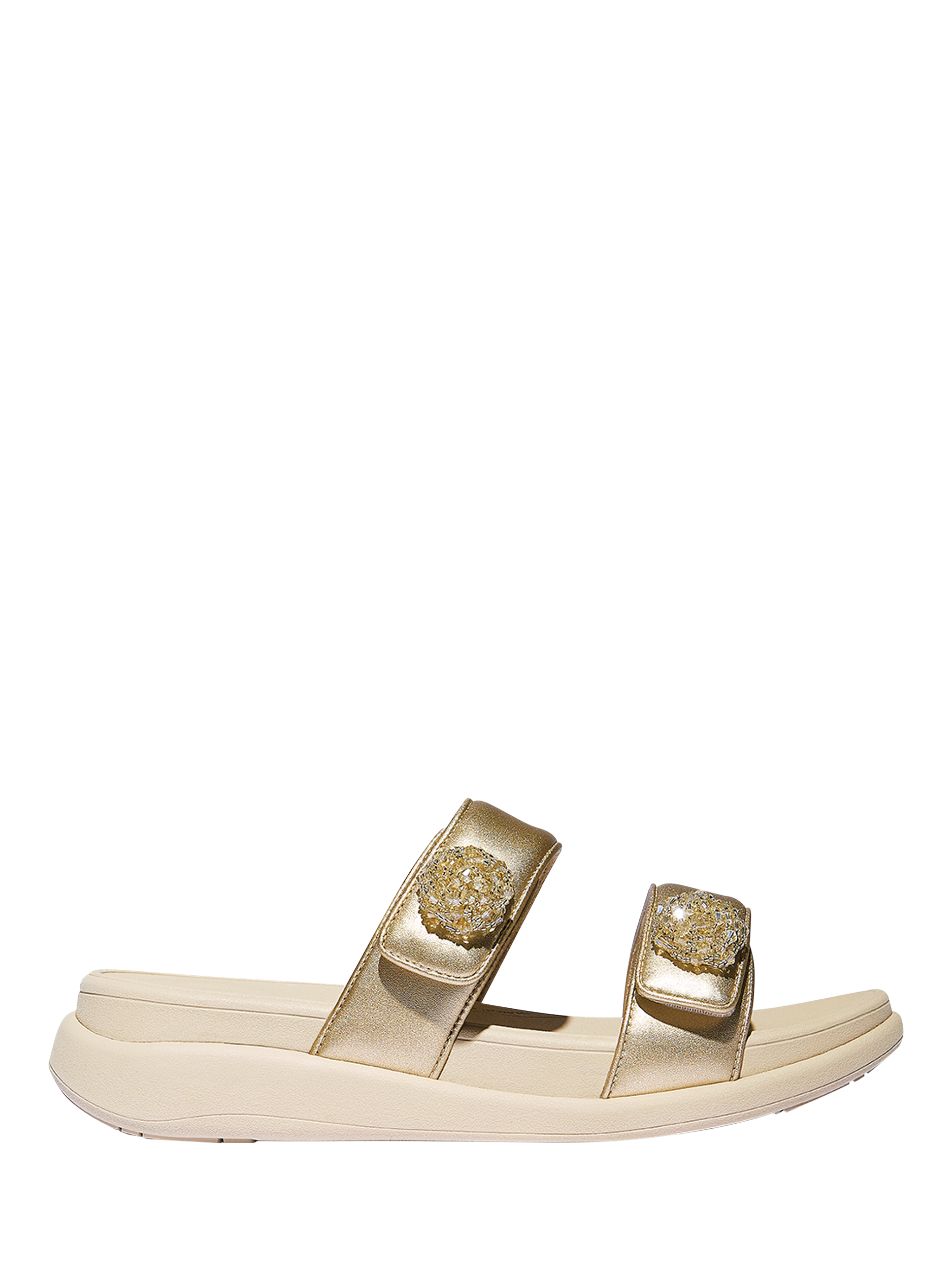 Product image 1 of 4, which shows FitFlop F-Mode Go Beaded Button Strappy Flatform Sandals, Platino, 3