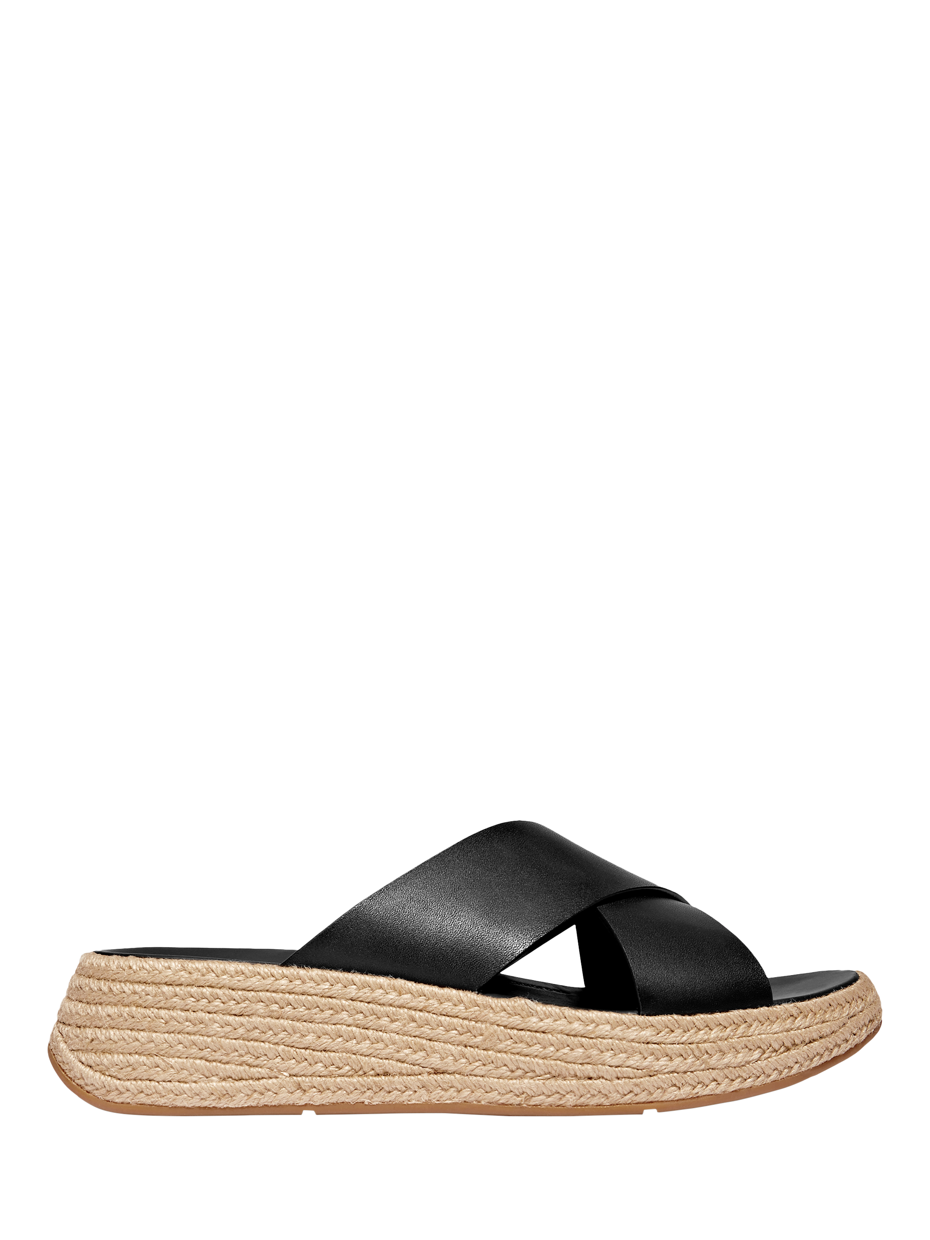 Product image 1 of 5, which shows FitFlop F-Mode Espadrille Leather Flatform Cross Sliders, Black, 3