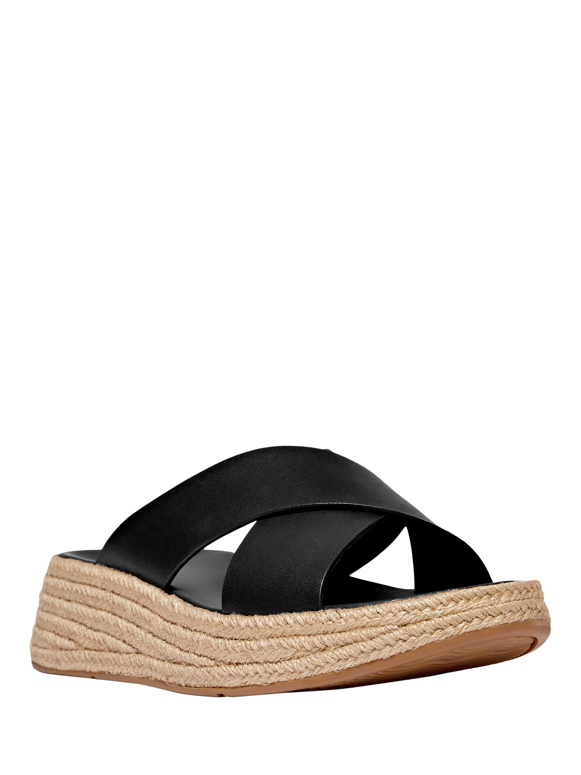 Product image 2 of 5, which shows FitFlop F-Mode Espadrille Leather Flatform Cross Sliders, Black, 3