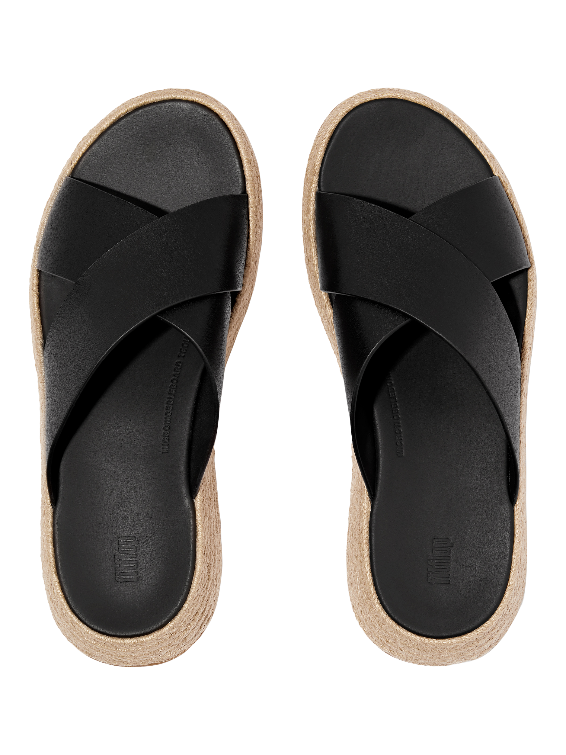 Product image 4 of 5, which shows FitFlop F-Mode Espadrille Leather Flatform Cross Sliders, Black, 3