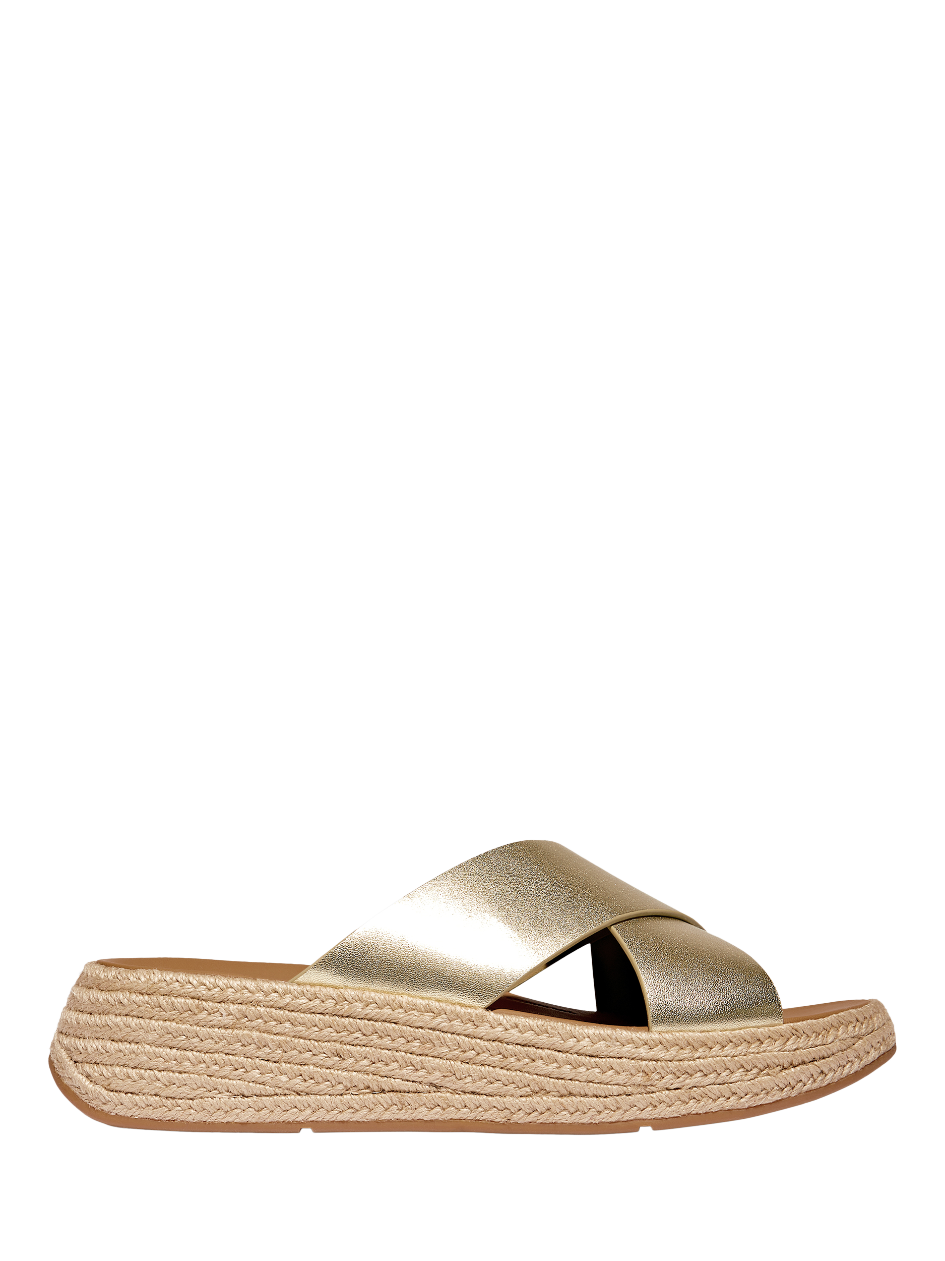 Product image 1 of 5, which shows FitFlop F-Mode Espadrille Leather Flatform Cross Sliders, Platino, 5