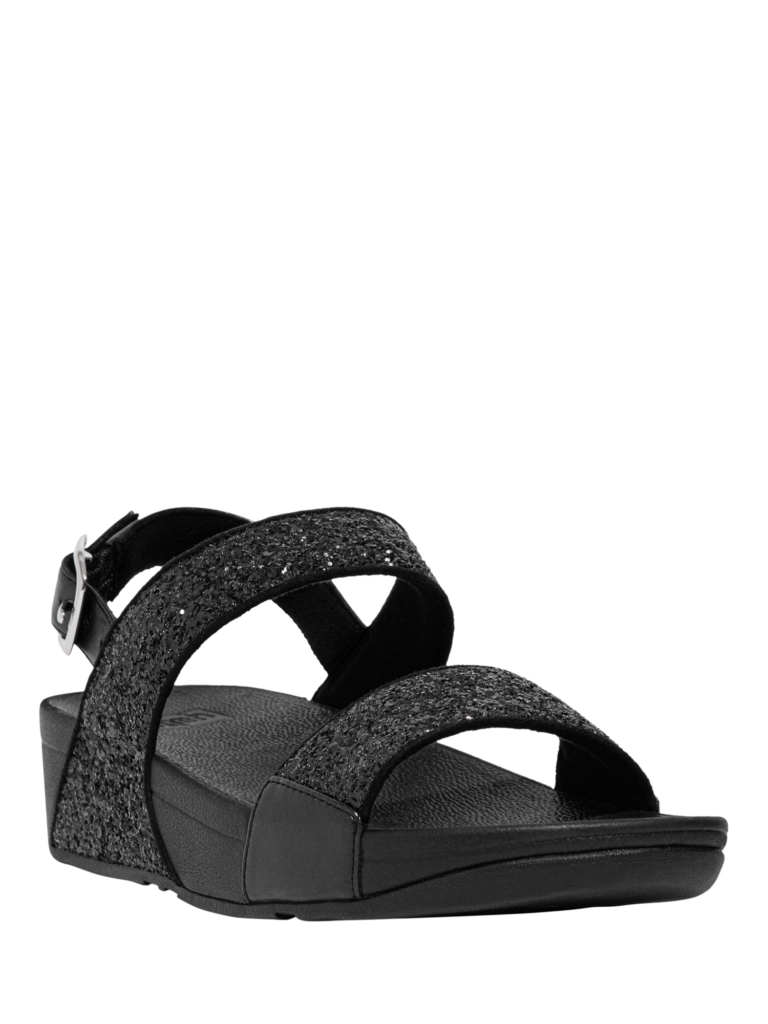 Product image 2 of 4, which shows FitFlop Lulu Glitter Strappy Sandals, Black, 3