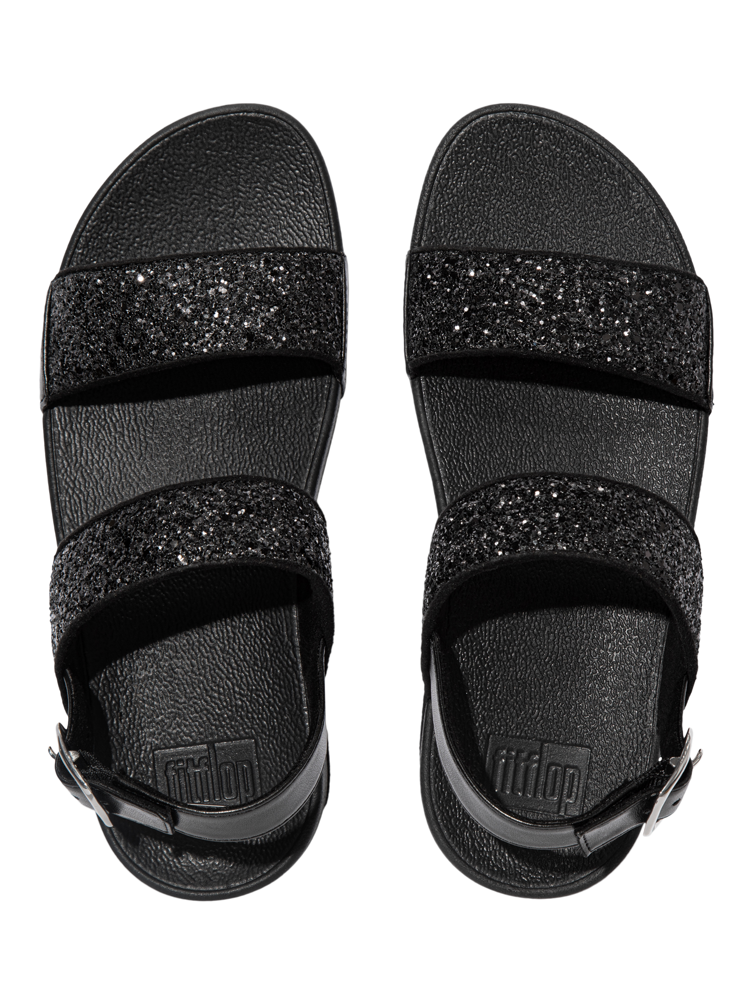 Product image 4 of 4, which shows FitFlop Lulu Glitter Strappy Sandals, Black, 3