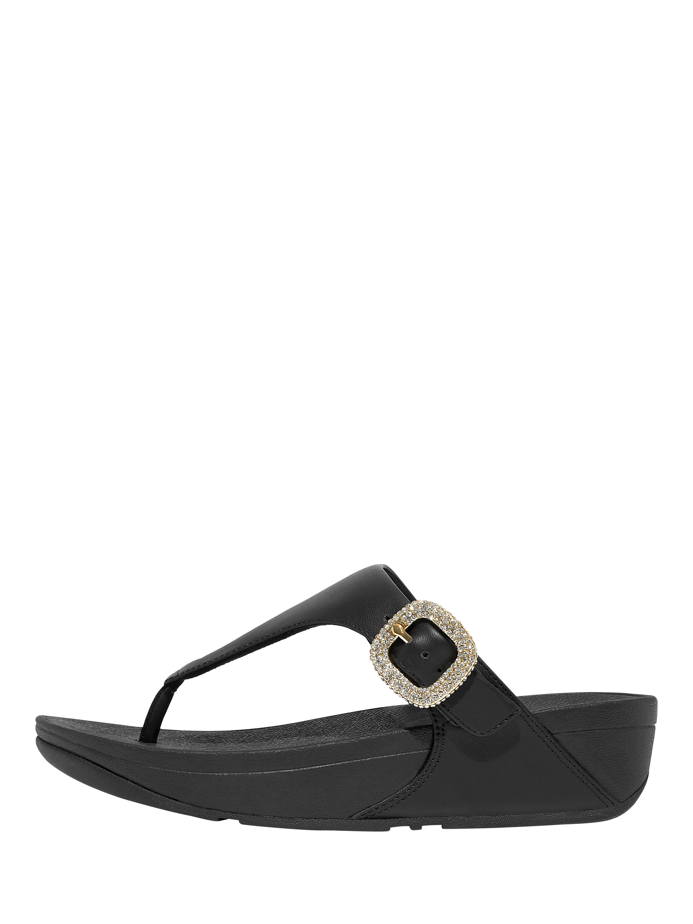 Product image 1 of 4, which shows FitFlop Lulu Leather Crystal Buckle Toe Post Sandals, Black, 3