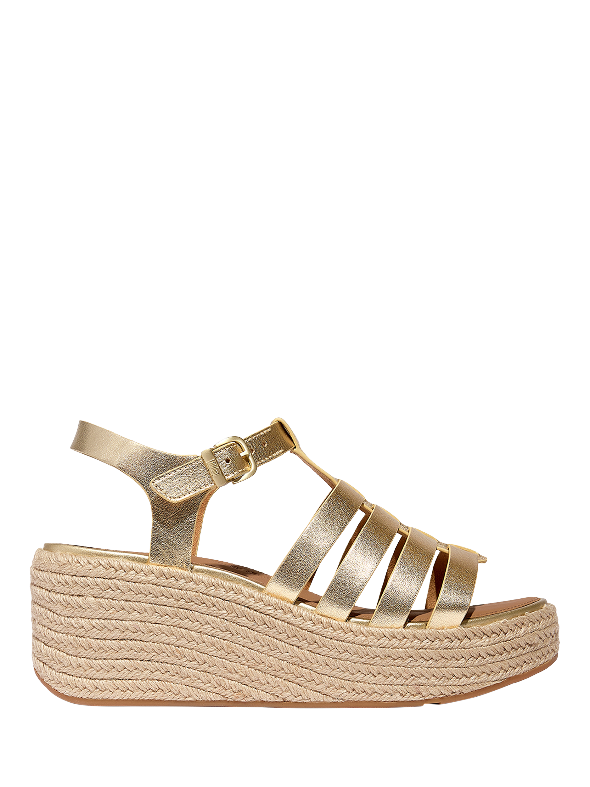 Product image 1 of 5, which shows FitFlop Leather Fisherman Wedge Platform Heeled Sandals, Platino, 3
