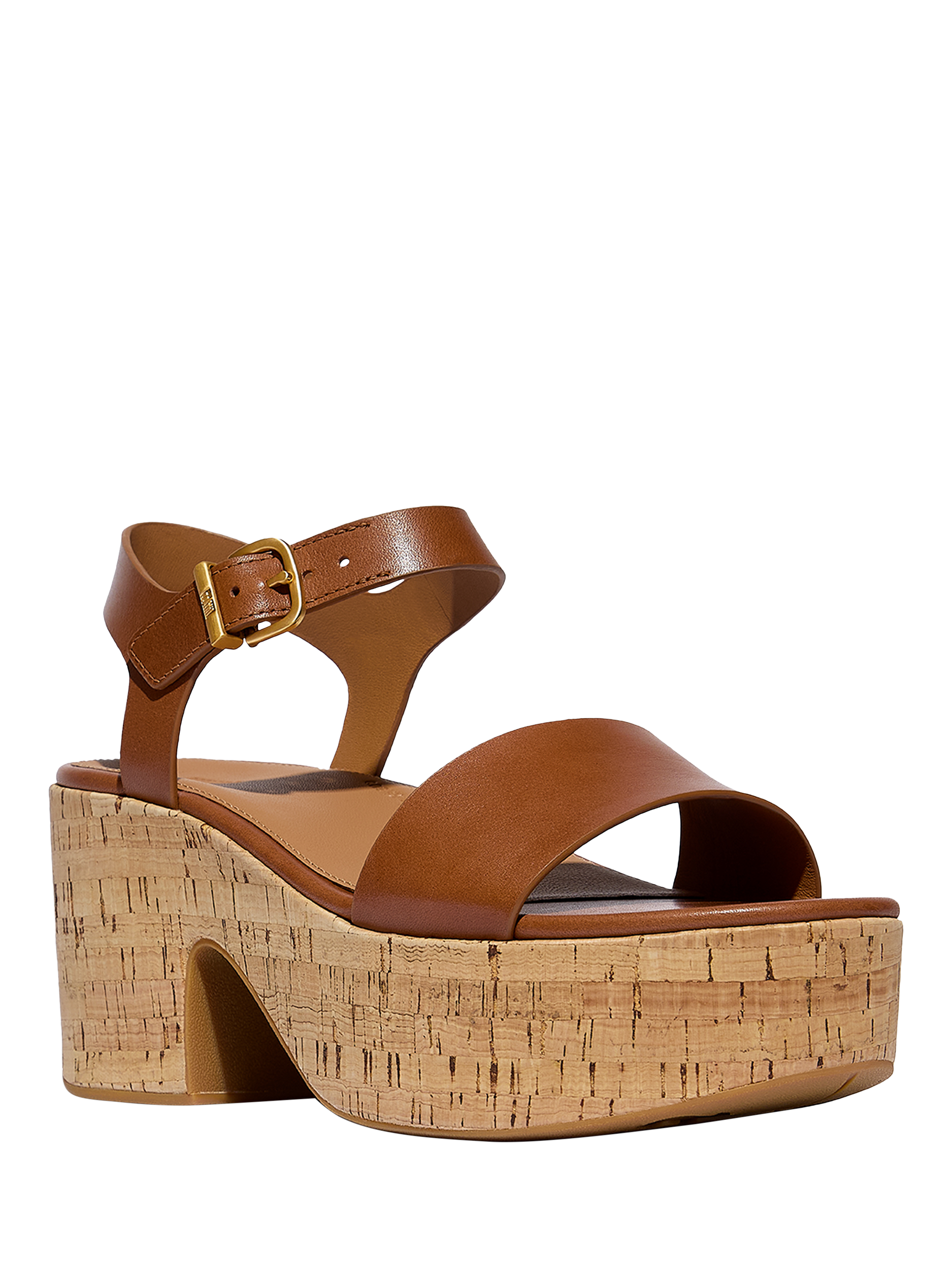 Product image 2 of 5, which shows FitFlop PlatFForms Leather Blend Heeled Ankle Strap Sandals, Deep Tan, 3