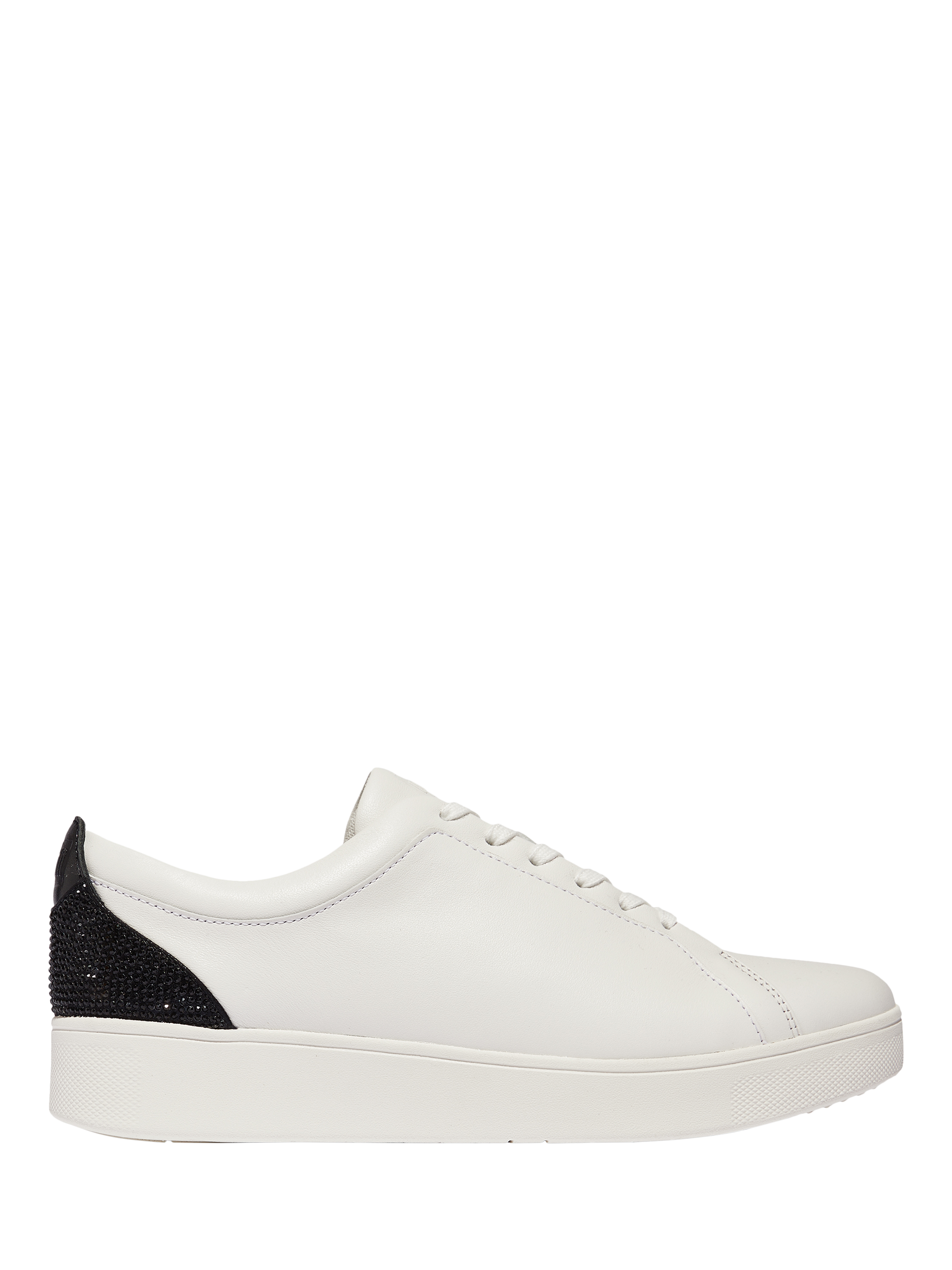 Product image 1 of 4, which shows FitFlop Rally Hotfix Lace Up Leather Trainers, White/Black, 4