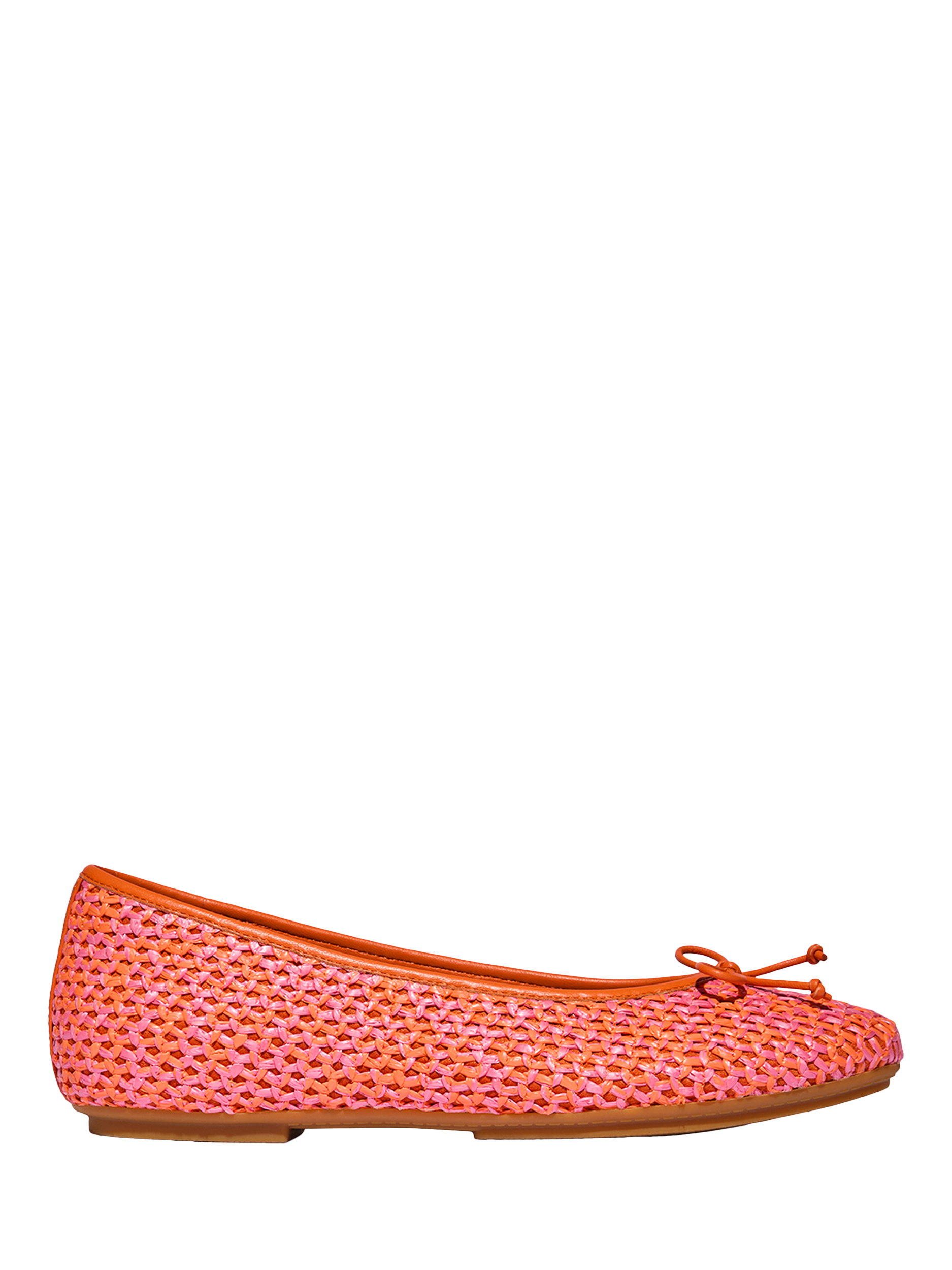 Product image 1 of 4, which shows FitFlop Delicato Leather Raffia Ballerina Pumps, Satsuma/Pink Perfect, 6