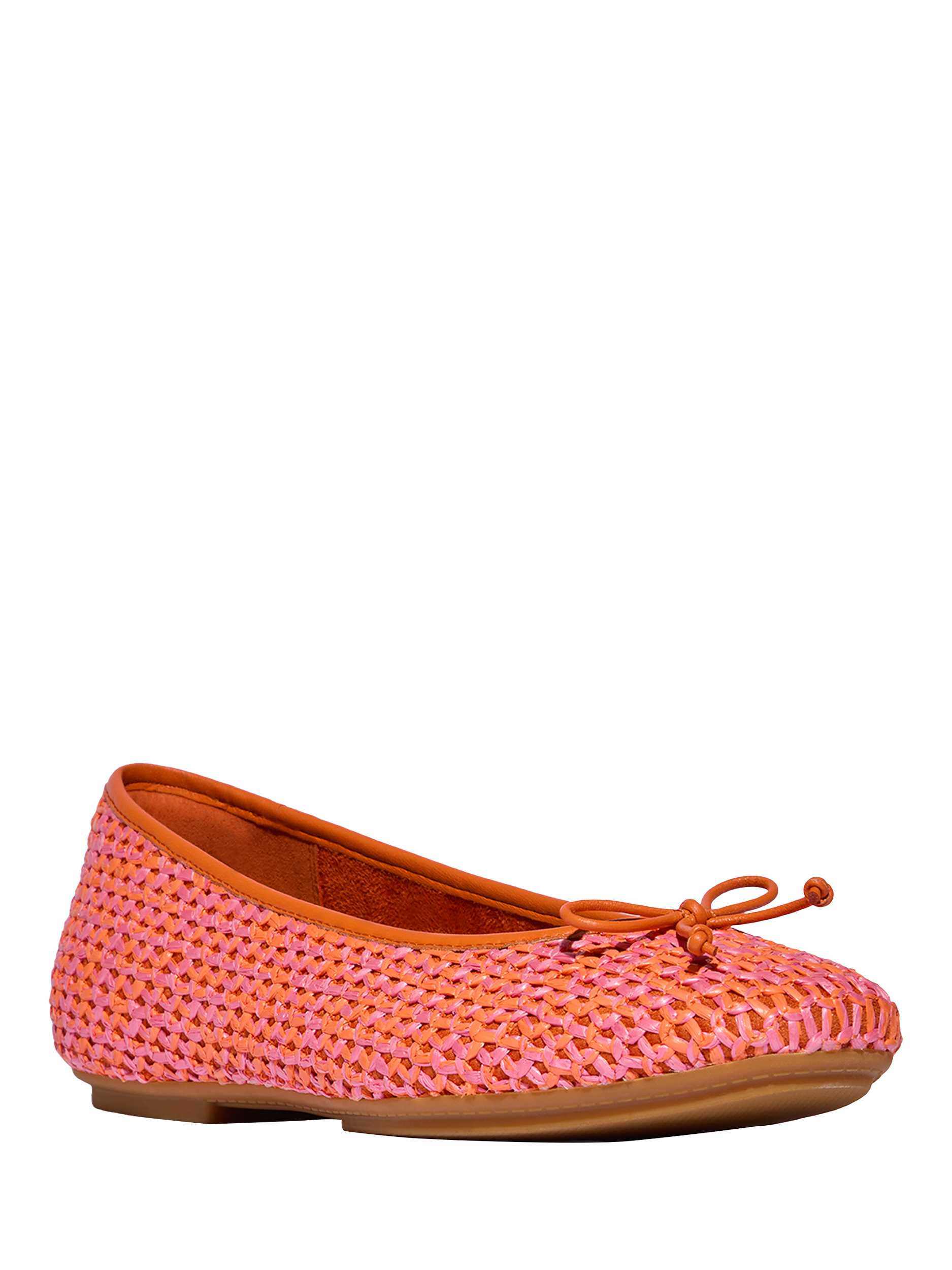 Product image 2 of 4, which shows FitFlop Delicato Leather Raffia Ballerina Pumps, Satsuma/Pink Perfect, 6