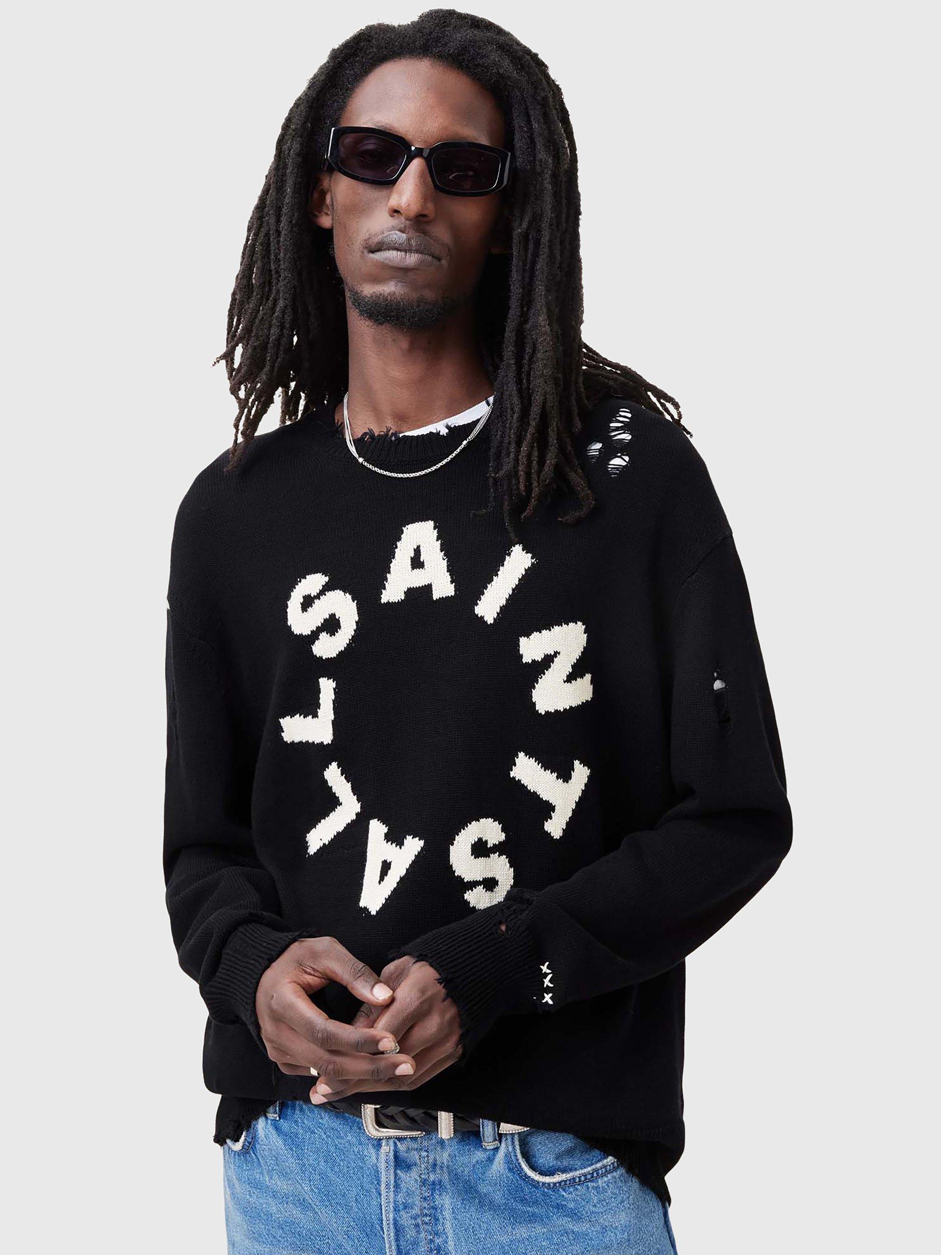 AllSaints Diageo Distressed Organic Cotton Crew Jumper, Black/White