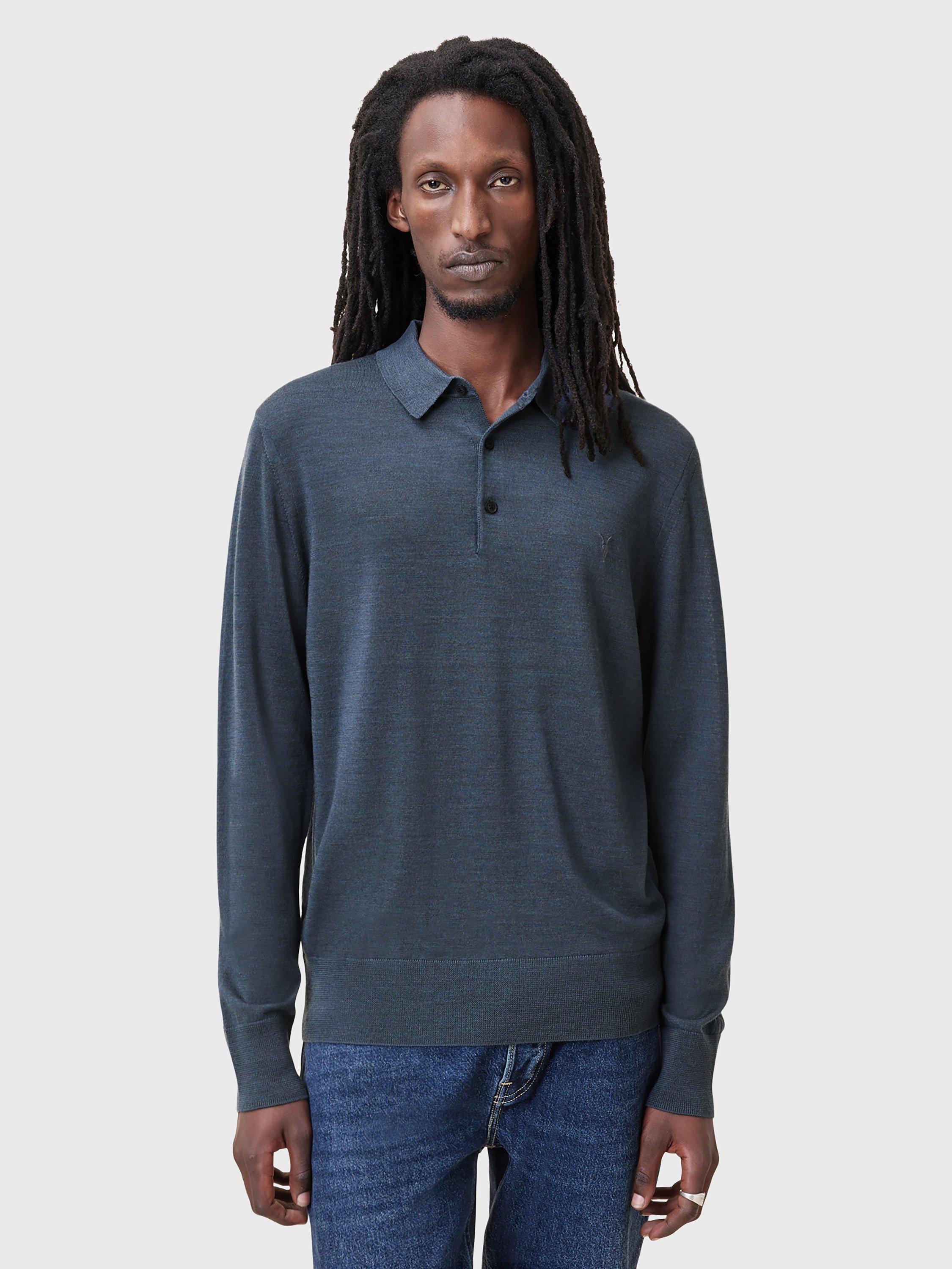 Product image 1 of 5, which shows AllSaints Mode Merino Long Sleeve Polo Shirt, Pitched Blue, XS