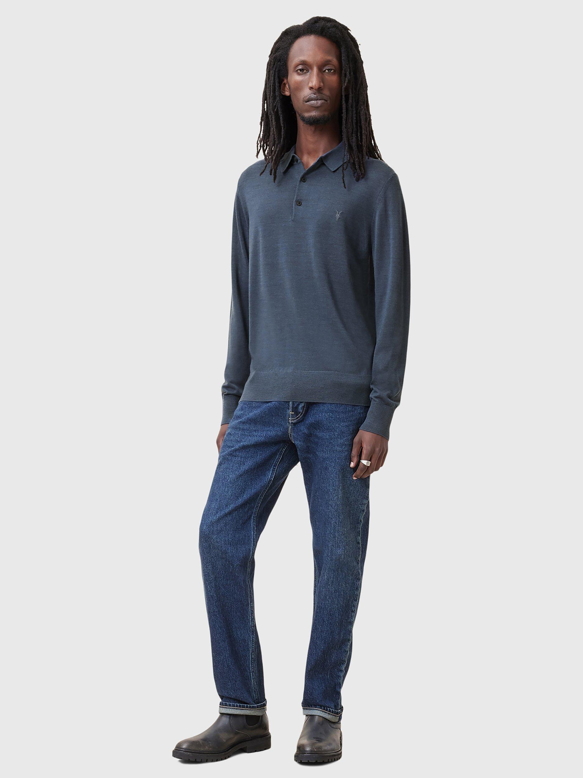 Product image 3 of 5, which shows AllSaints Mode Merino Long Sleeve Polo Shirt, Pitched Blue, XS
